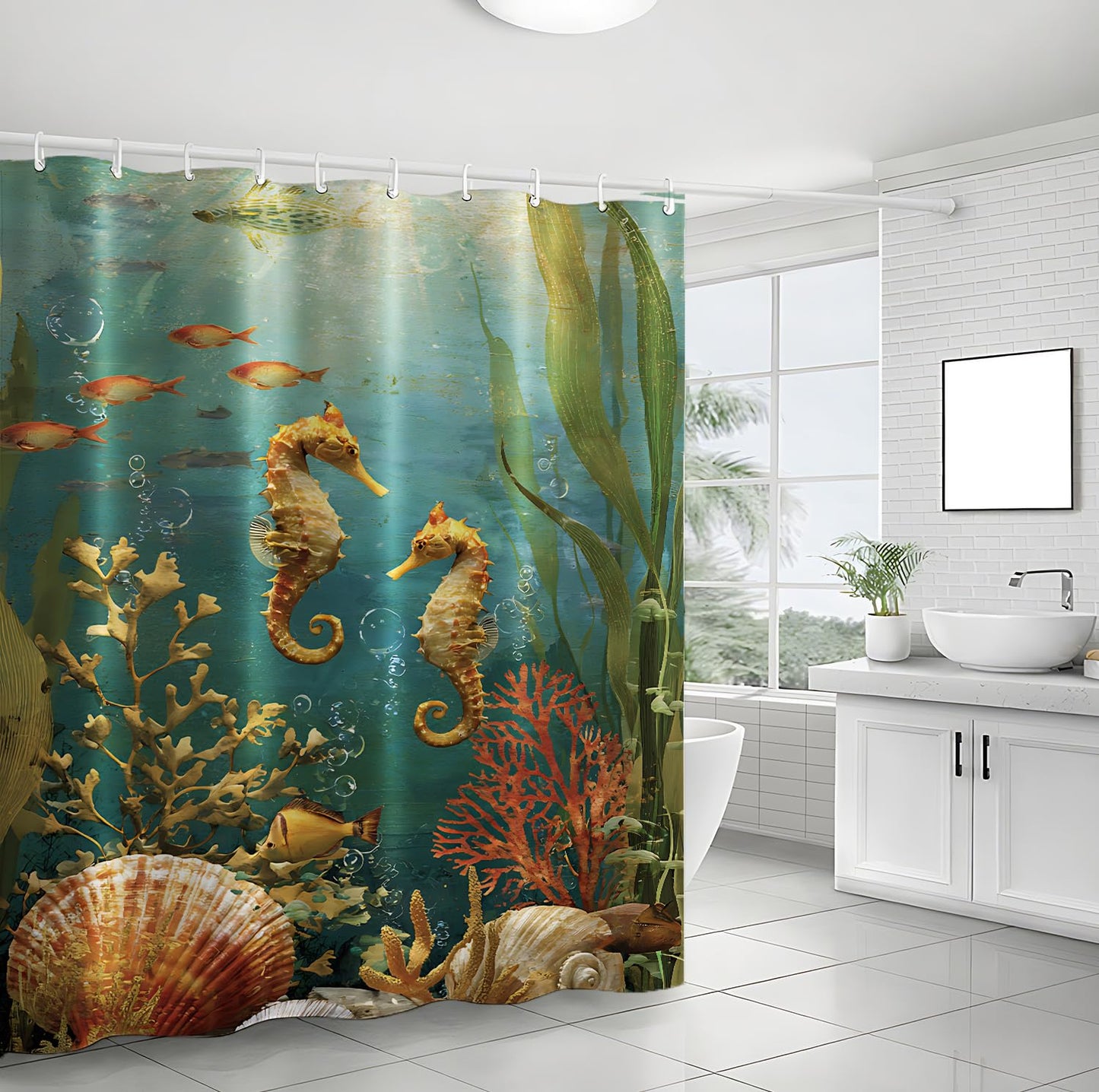 THISFIND Shower Curtain, Underwater Seahorse Coral Reef Scene Machine Washable Waterproof Fabric for Bathroom Decor Bathtub with 12 Hooks 72x72