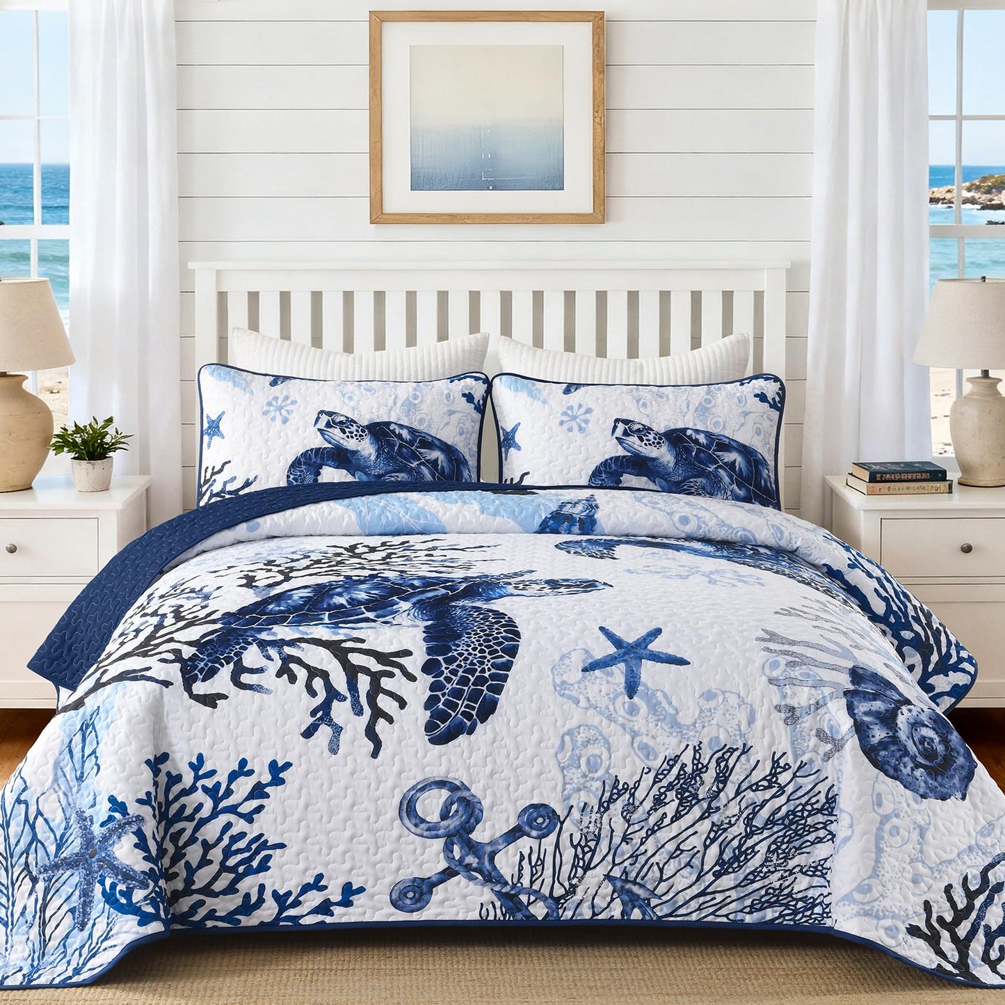 DJY Coastal Quilt Sets King Size 3 Piece, Beach Beach Nautical Bedspreads Coverlet with 2 Shams Soft Lightweight Microfiber Blue Bedding Summer Comforter Set for All Season