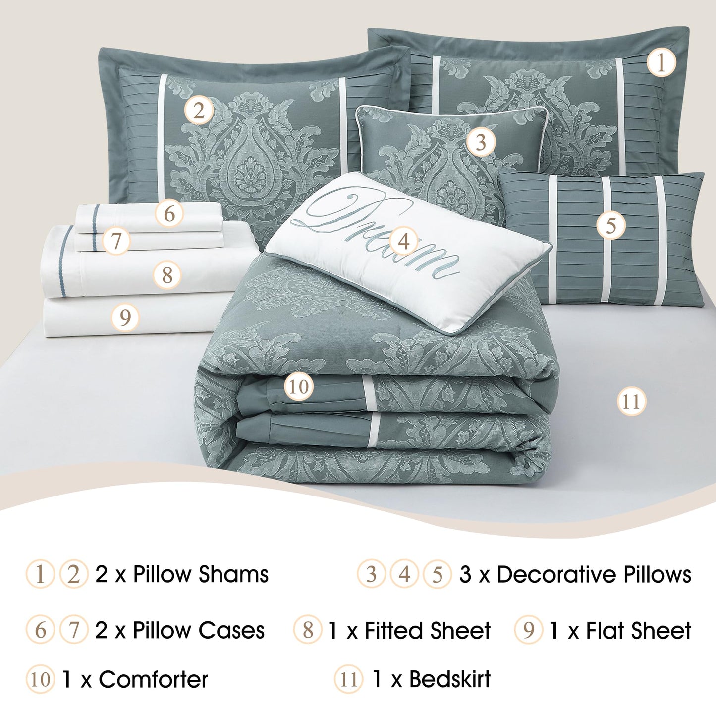 Stratford Park Blue Comforter Set King, 15 Pieces Room in a Bag, Elegant Patchwork Damask Jacquard Bedding Set, Matching Bedskirt, Flat Sheet, Fitted Sheet, Pillow Shams, Curtains