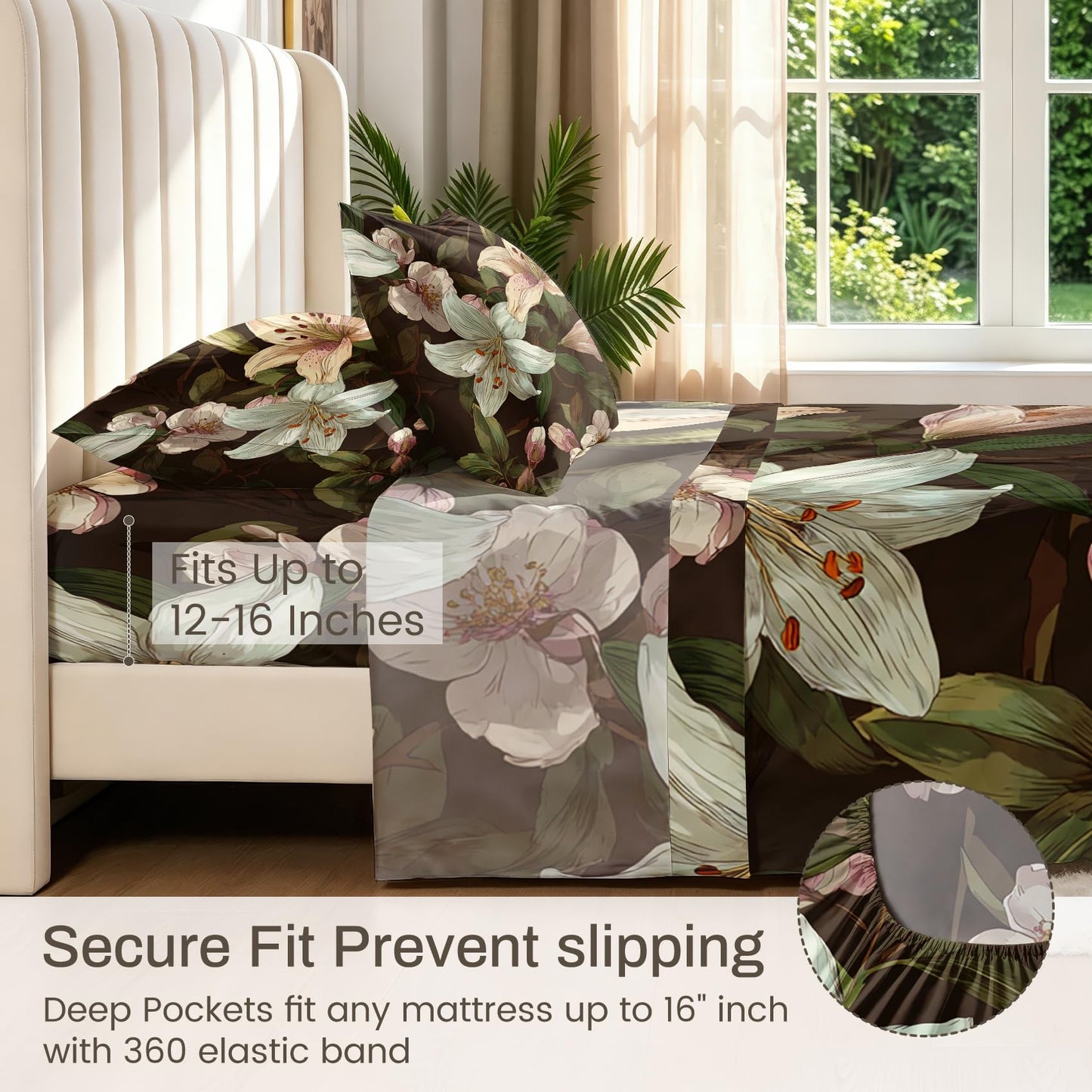 Lily Floral Sheet Set, 4 Pcs Full Size Botanical Bed Sheets