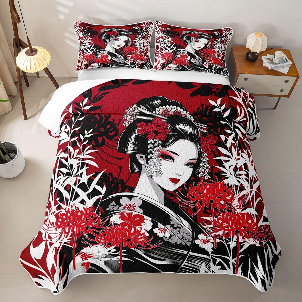 Erosebridal Geisha Beauty Quilts Twin Size - Japanese Style Bedspread Coverlet Set, Traditional Geisha Bamboo Flowers Quilt Coverlets 2Pcs (Only 1 Pillowcase)