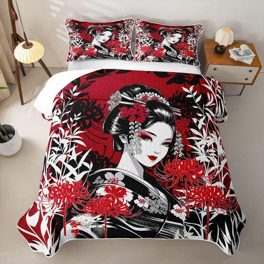 Erosebridal Geisha Beauty Quilts Twin Size - Japanese Style Bedspread Coverlet Set, Traditional Geisha Bamboo Flowers Quilt Coverlets 2Pcs (Only 1 Pillowcase)