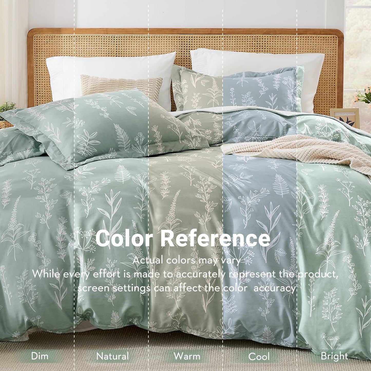 MUXHOMO Duvet Cover Queen Size, Reversible Floral Green Duvet Cover Set with Zipper Closure, 3 Pieces Botanical Patterns Soft Microfiber Bedding Set with 4 Ties (90"x90", 2 Pillow Cases)
