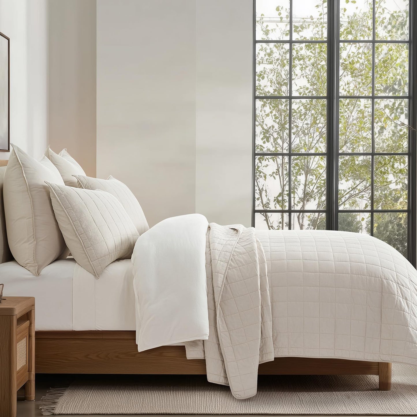 EVERGRACEHOME 100% Cotton Box Stitch Quilt Bedding Set King Size 3 Pieces, Garment-Washed Lightweight Soft Cozy Coverlet, Oversized Quilted Bedspread Sets with 2 Shams for All Season, Birch