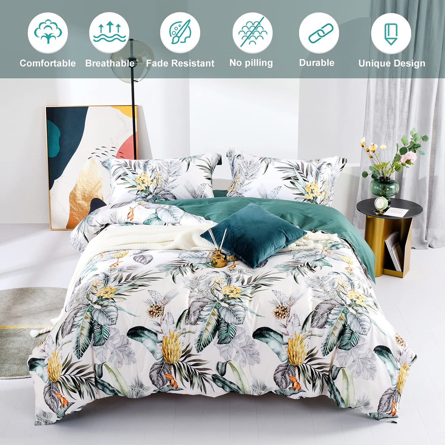 MILDLY 100% Long Staple Cotton King Duvet Cover 3 Pieces Set Summer Tropical Plantain and Floral Pattern Comforter Cover Set
