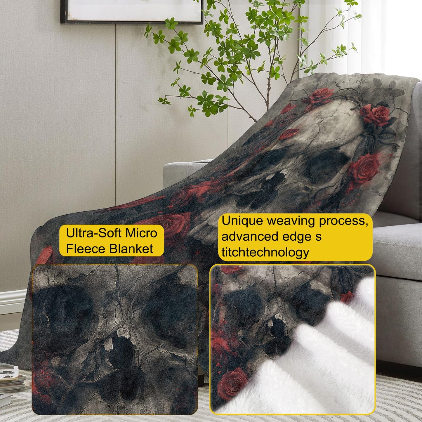 VANZEV Skull Rose Blanket, Horror Skulls Flannel Throw Blankets,Soft Warm Lightweight Cozy Plush Skull Throws for Bedroom Sofa Office Home Decor for Adults Men 60"x50"