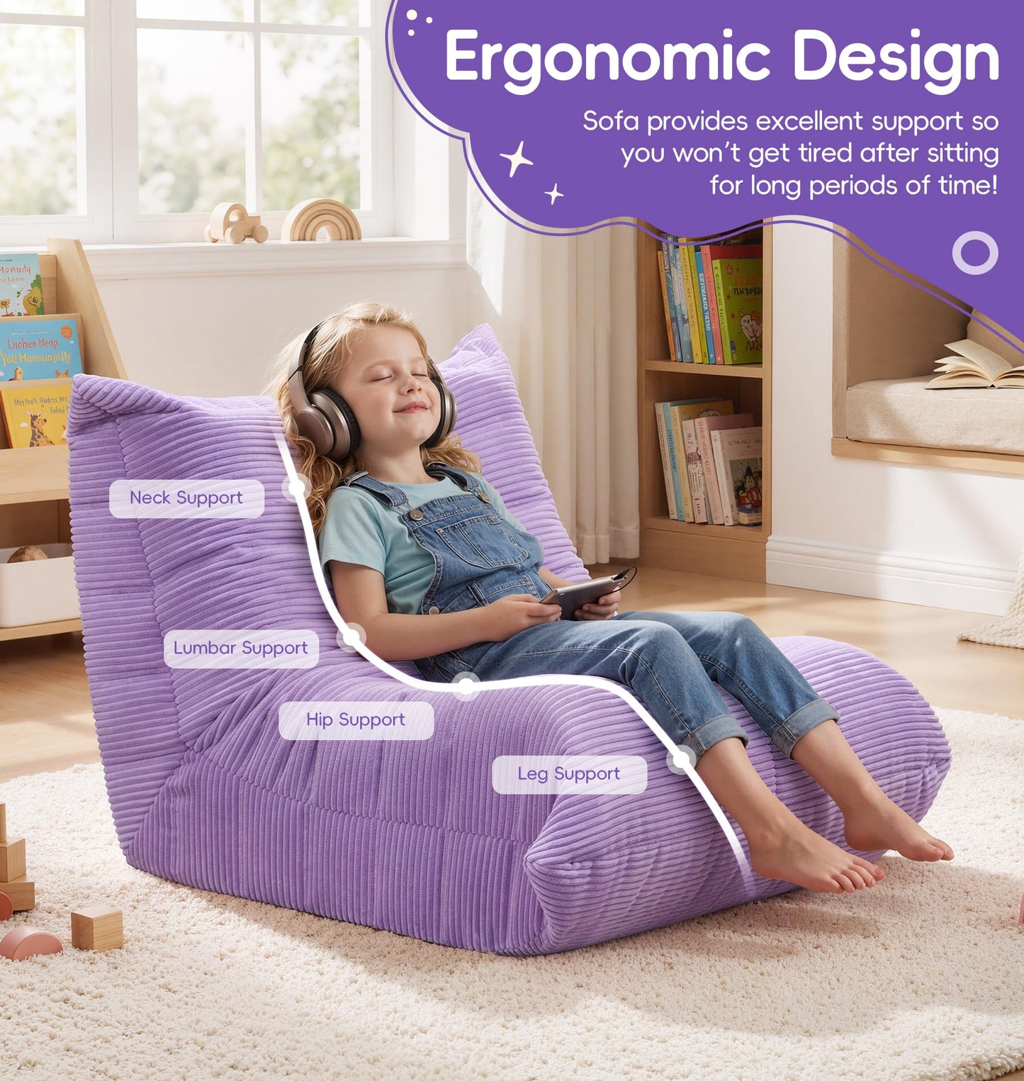 Hobestluk Bean Bag Chair for Kids Toddler Bean Bag Chair with Memory Foam Filler Beanbag with Spacious Design Bean Bag Couch for Reading Gaming Relaxing (Purple, Small)