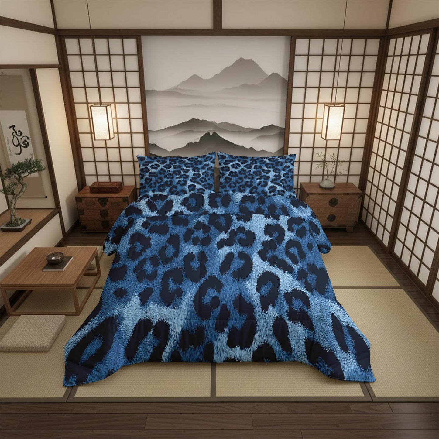 TANCAPRIUM Blue Leopard Print Comforter Set Twin - Animal Print Bedding Set & 2 Pilow Cases for All Season - Soft Reversible Down Alternative 3 Piece. Animal Skin Bedrom Decor