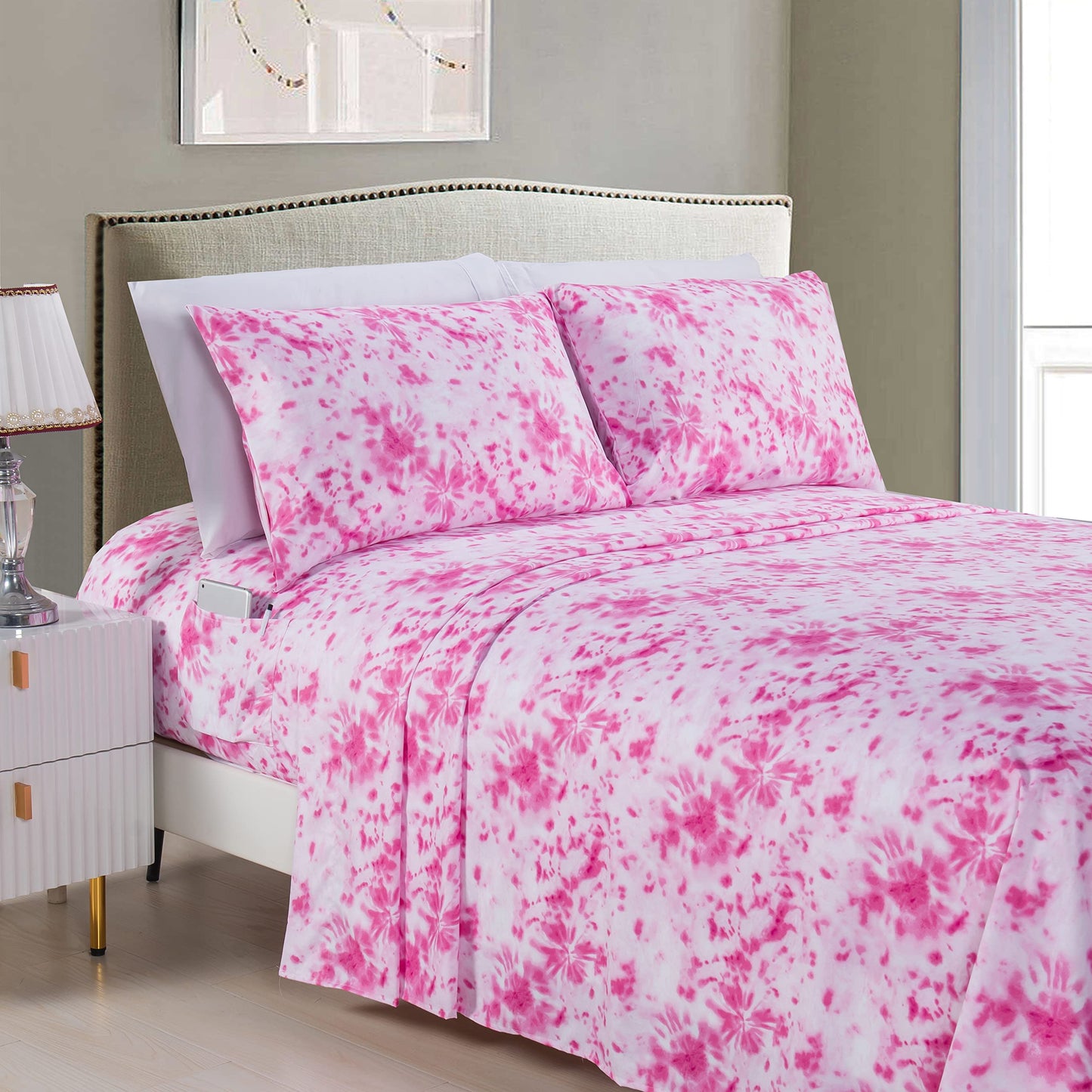 Elegant Comfort Luxury Soft Bed Sheets Tie Dye Pattern 1500 Thread Count Percale Egyptian Quality Microfiber Softness Wrinkle and Fade Resistant (4-Piece) Bedding Set, Twin XL, Tie Dye Hot Pink