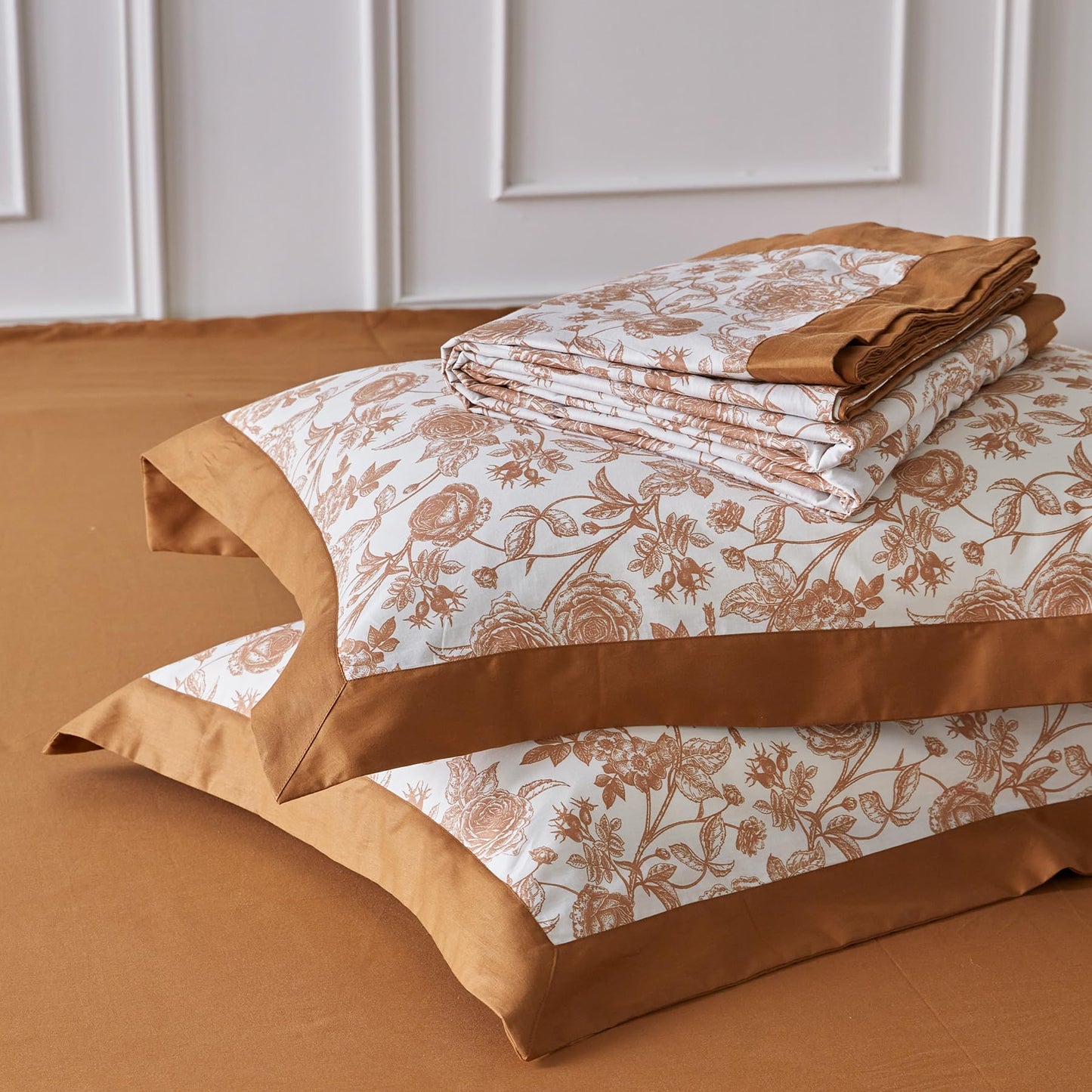 SUSYBAO Floral Duvet Cover Queen 100% Cotton 3 Pcs Set 1 Farmhouse Botanical Flower Duvet Cover with Zipper Ties 2 Pillow Shams Decorative Brown Ruffle Hem Bedding Set Soft