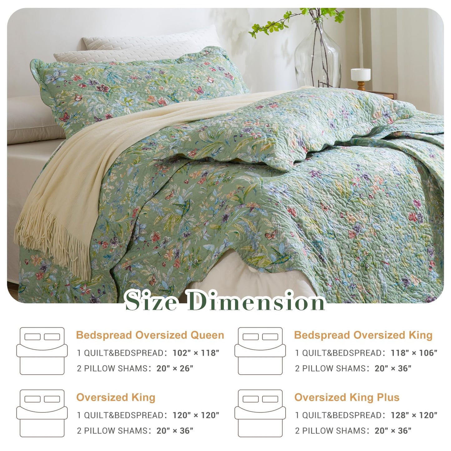 Masaca Oversized King Bedspread 128"x120",Green Floral Quilt Set Oversized 3Pcs Lightweight Flower Bird Butterfly Print Botanical Scallop California King Size Bedding Coverlet Extra Large