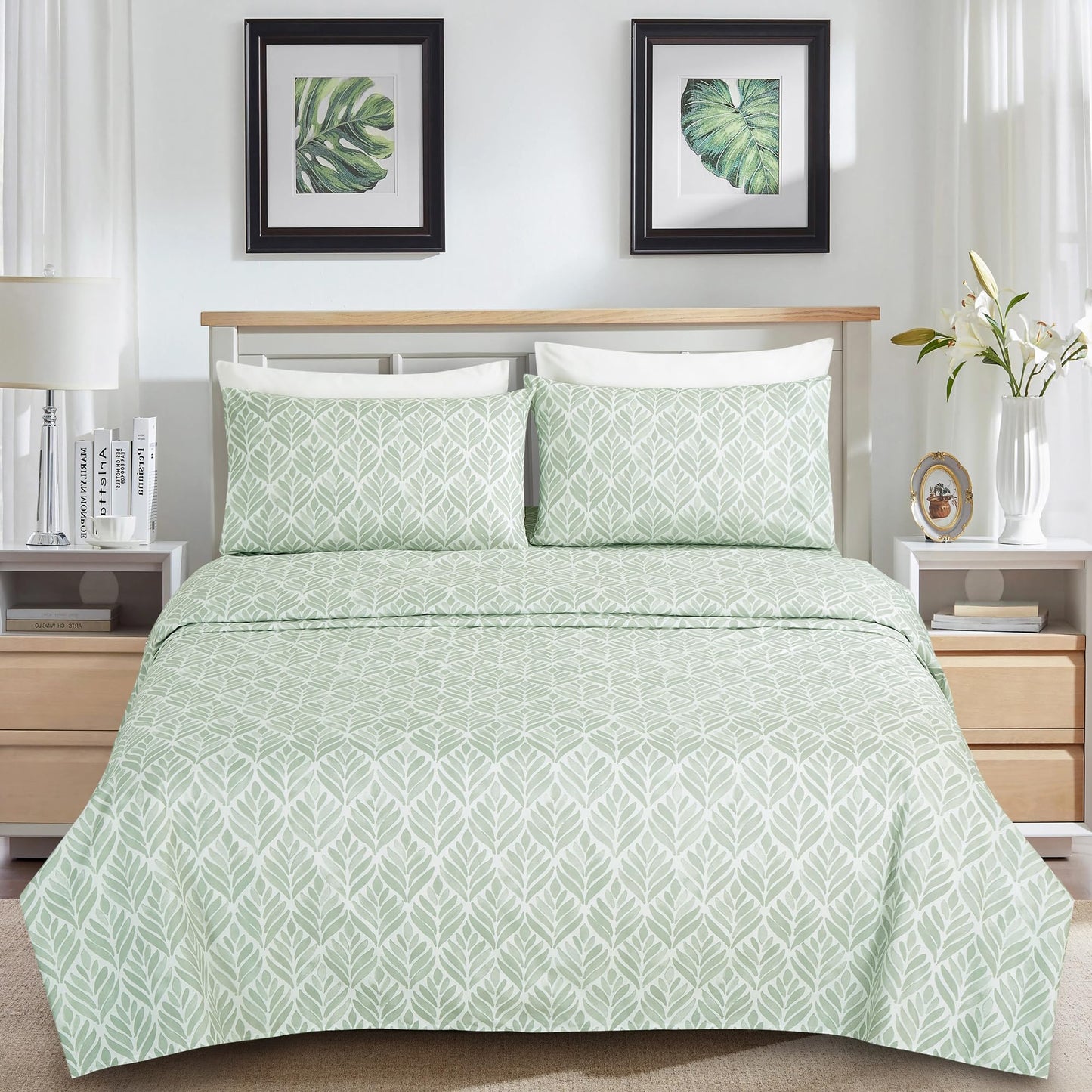 Chezmoi Collection Medina 4-Piece Tranquil Leaf Bed Sheet Set - Soft Green White Leaves Printed Microfiber 14-Inches Deep Pocket Sheets & Pillowcases Set, California King