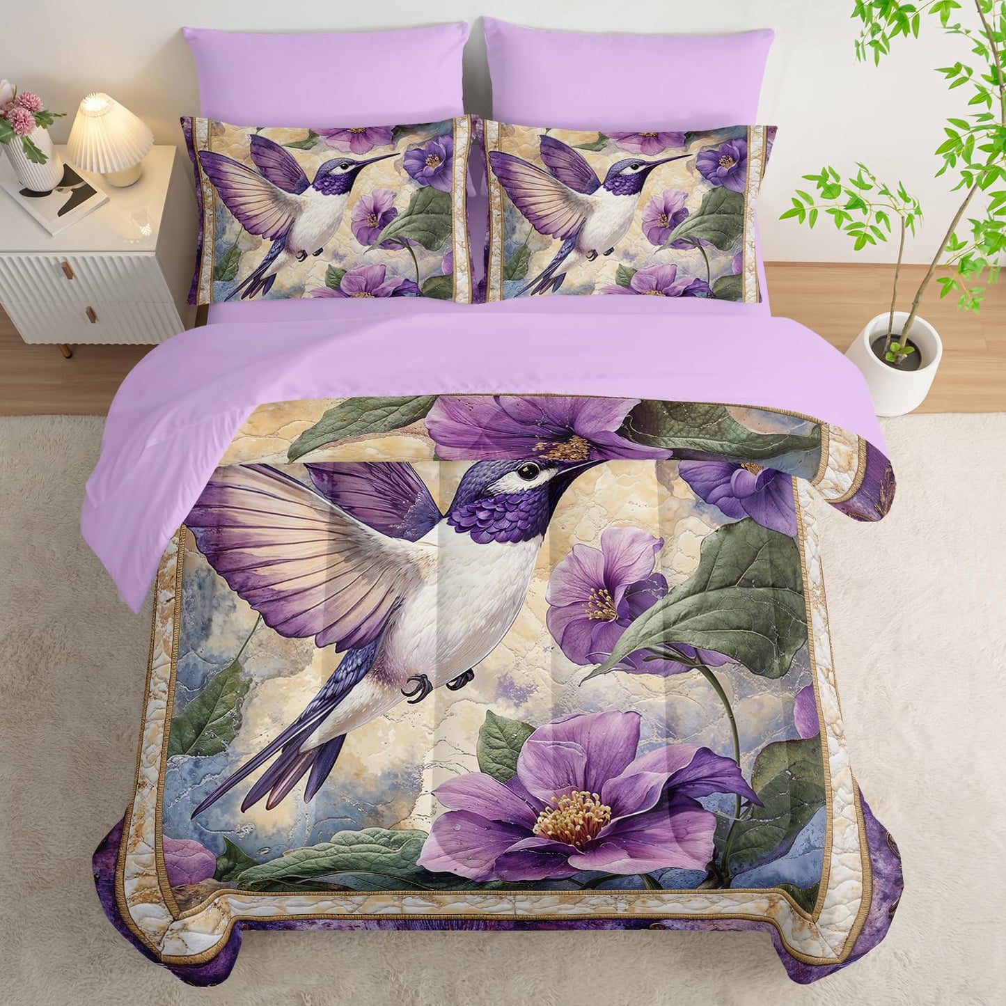 AILONEN Beautiful Hummingbird Bed in a Bag Queen Size - Purple Flower Bird Theme - 3Pcs Soft Microfiber Boho Comforter for Girls Women - (Sheets,Pillowcases)