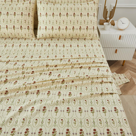 FADFAY Queen Size 100% Cotton Beige Bed Sheets Set Elegant Red Rose Floral Pattern, Soft and Luxurious Shabby Vintage French Country Bedding, 4 Pieces Deep Pocket Fitted Sheet