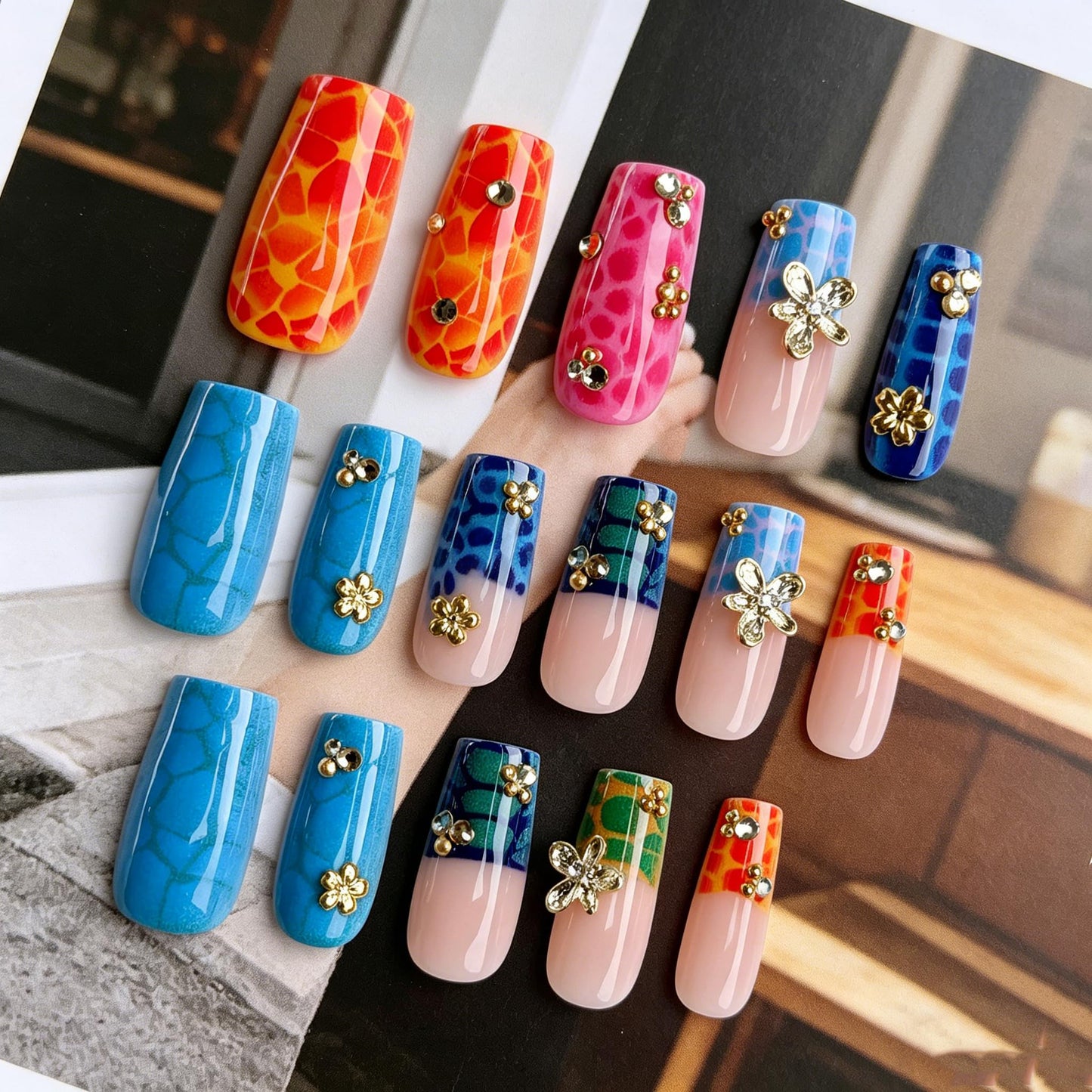 BABALAL Press On Nails, Long Square Fake Nails, Colorful Neon Tortoise Print with 3D Gold Flower & Rhinestone Design, Glossy Y2K Summer Festival Tropical Glue On Nails 24Pcs