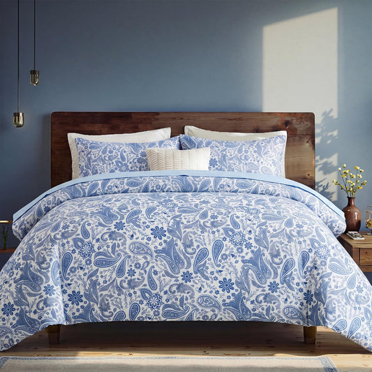 Bedorm Paisley Floral Comforter Queen Size 100% Cotton Bedding Set Dark Blue Paisley Flower Print Boho Chic Bedding Comforter Set Vintage Bedroom Decor