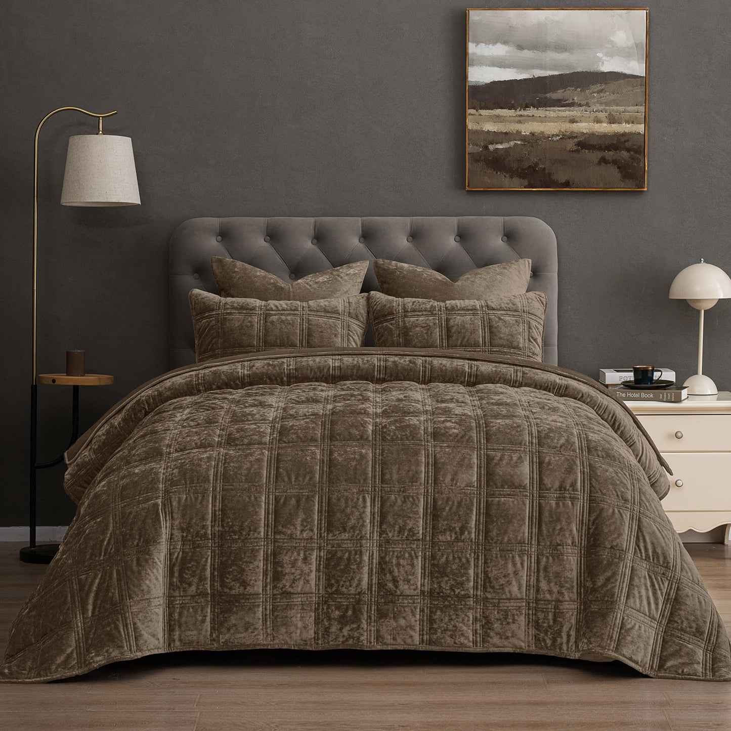 PHF Ultra Soft Velvet Quilt Set Queen Size – 3PCS Luxurious Cozy Quilted Comforter Alternative with Diamond Pattern, Warm Quilted Bedspread Coverlet, 90" x 92", Cub