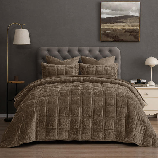 PHF Ultra Soft Velvet Quilt Set Queen Size – 3PCS Luxurious Cozy Quilted Comforter Alternative with Diamond Pattern, Warm Quilted Bedspread Coverlet, 90" x 92", Cub