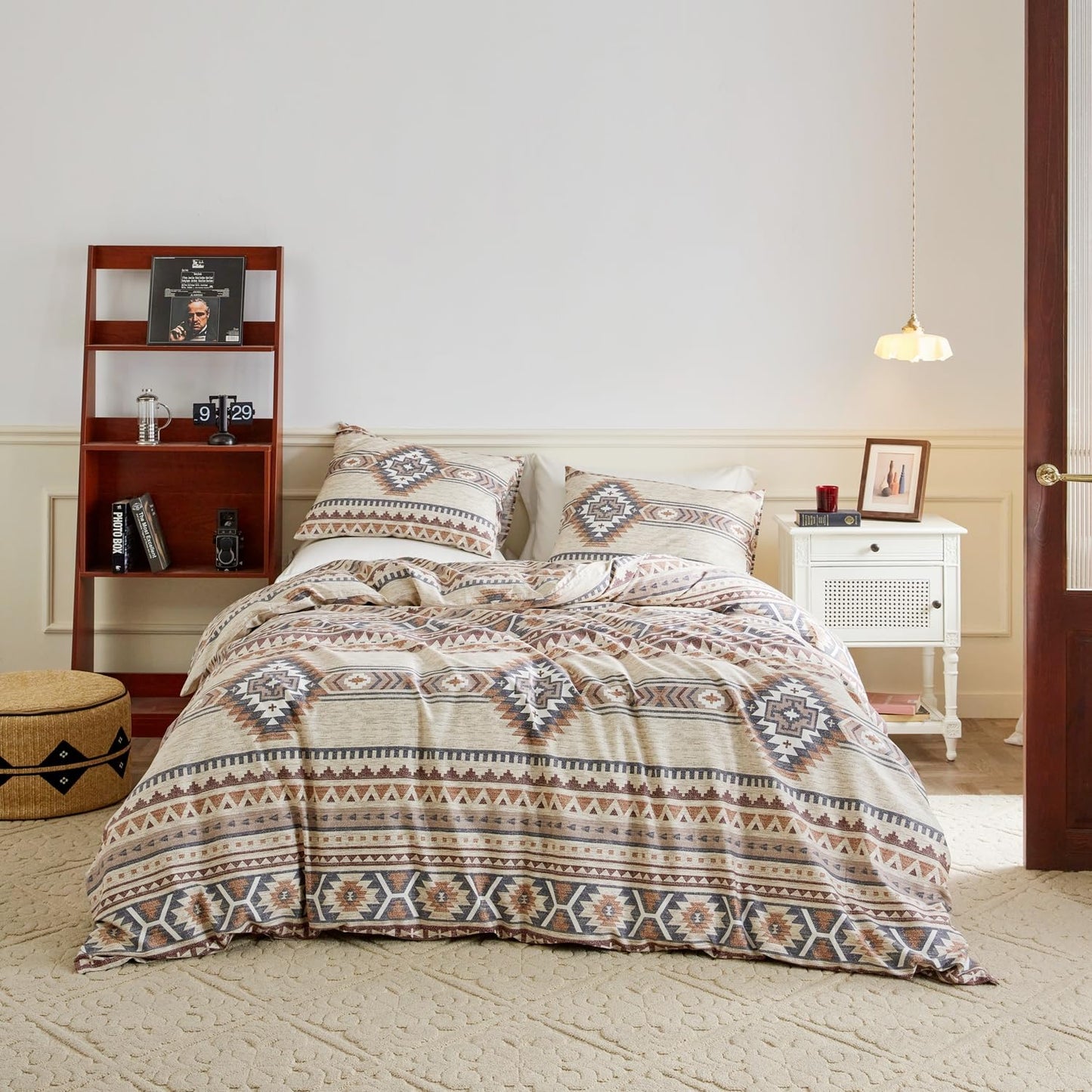 YuHeGuoJi Vintage Aztec Duvet Cover King 100% Cotton 3 Pcs Set 1 Brown Boho Triangle Duvet Cover with Zipper Ties 2 Pillowcases Western Tribal Geometric Bohemian Bedding Set Soft