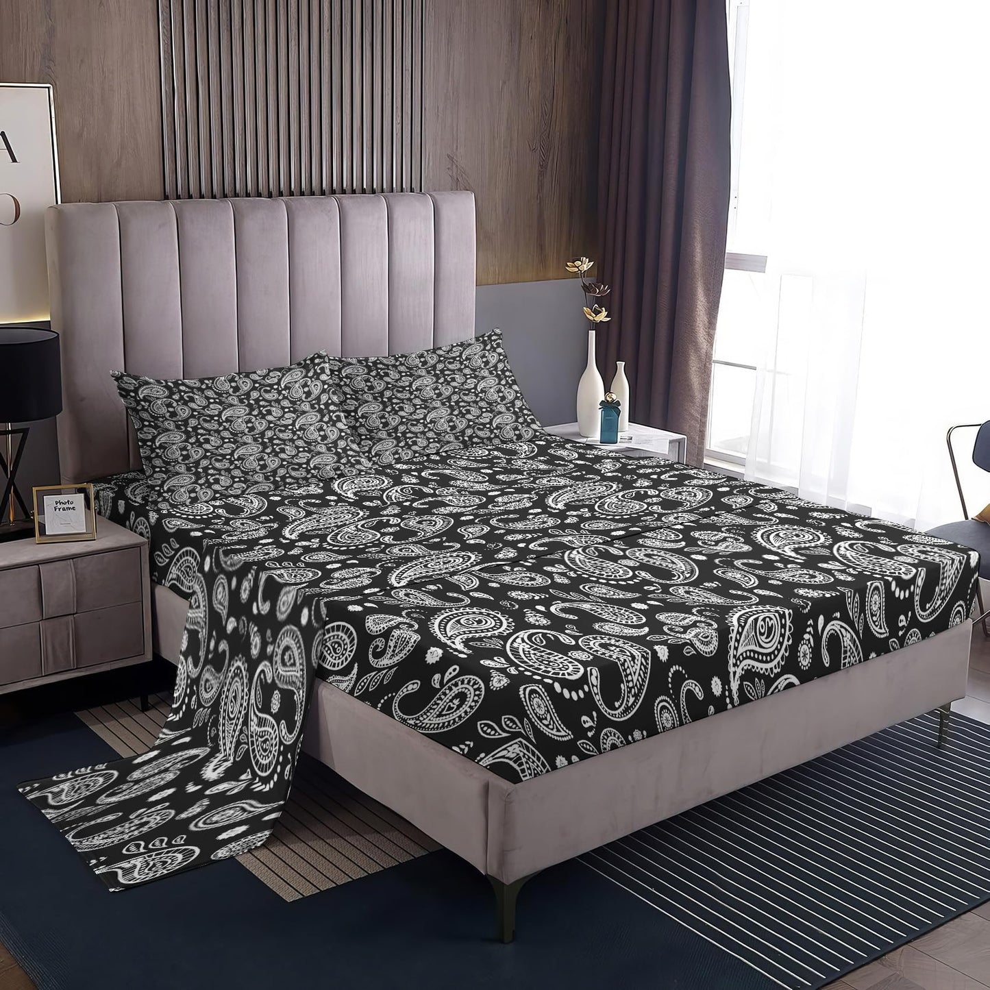 NOGAWA Black Bandana Bed Sheets, Paisley Sheets & Bedroom Decor, Full Sheets Set Boho Bohemian, 16 Inch Deep Pocket Fitted Sheet & Flat Sheet, Bedding Sheets & Pillowcases