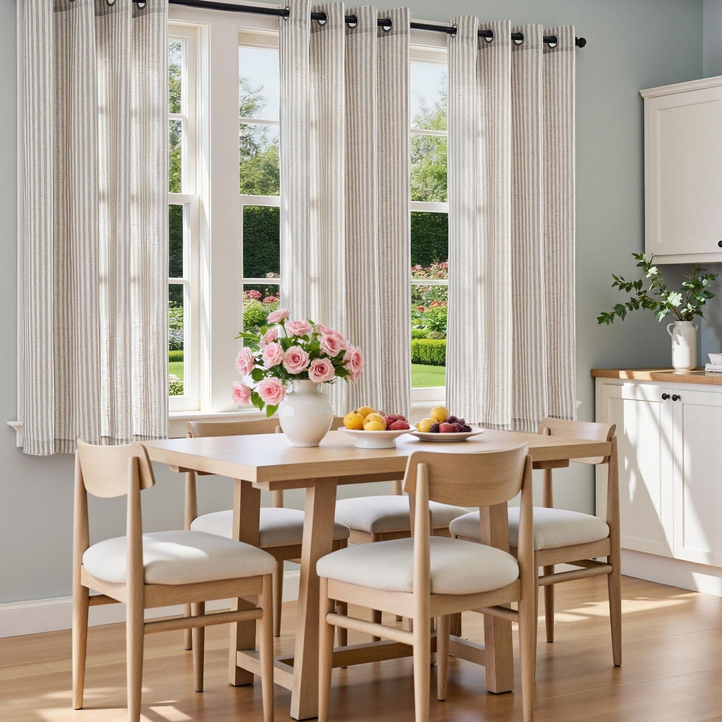 Vangao Linen Striped Curtains for Living Room Bedroom Farmhouse Tickingstripe Light Filtering Window Curtains Printed Drapes Grommet Top 2 Panels Grey W50 x L63 Inch