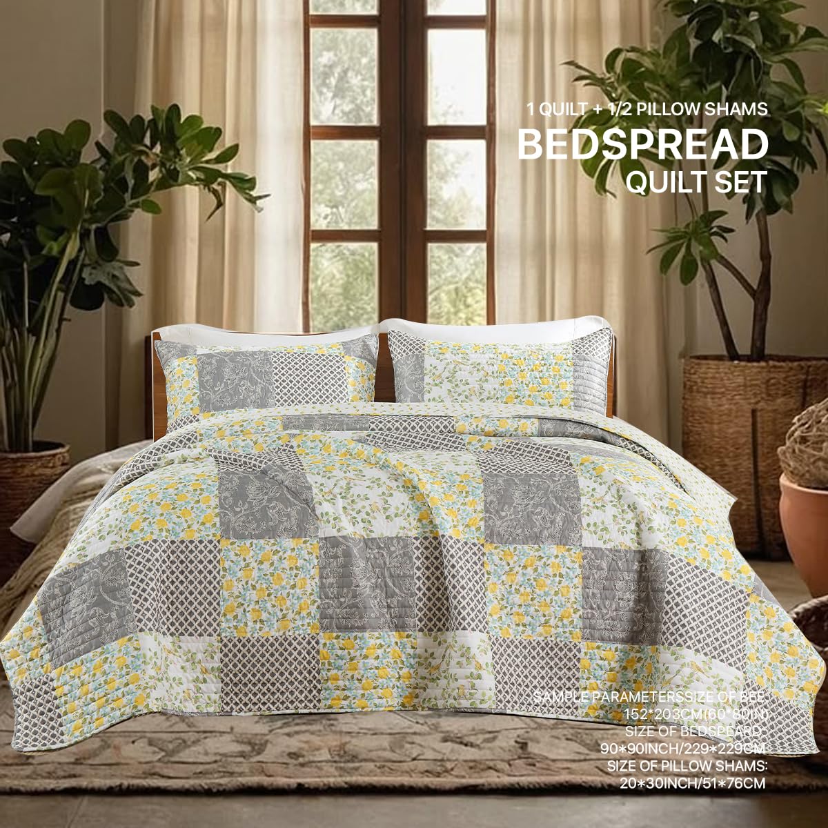TEXSTEAD Quilt Set Queen Size Floral Patchwork Quilted, Soft Comforter Set Bedding Sets, Coverlet Bedspread Decorative Quilts with 2 Pillow Shams 90"x90"