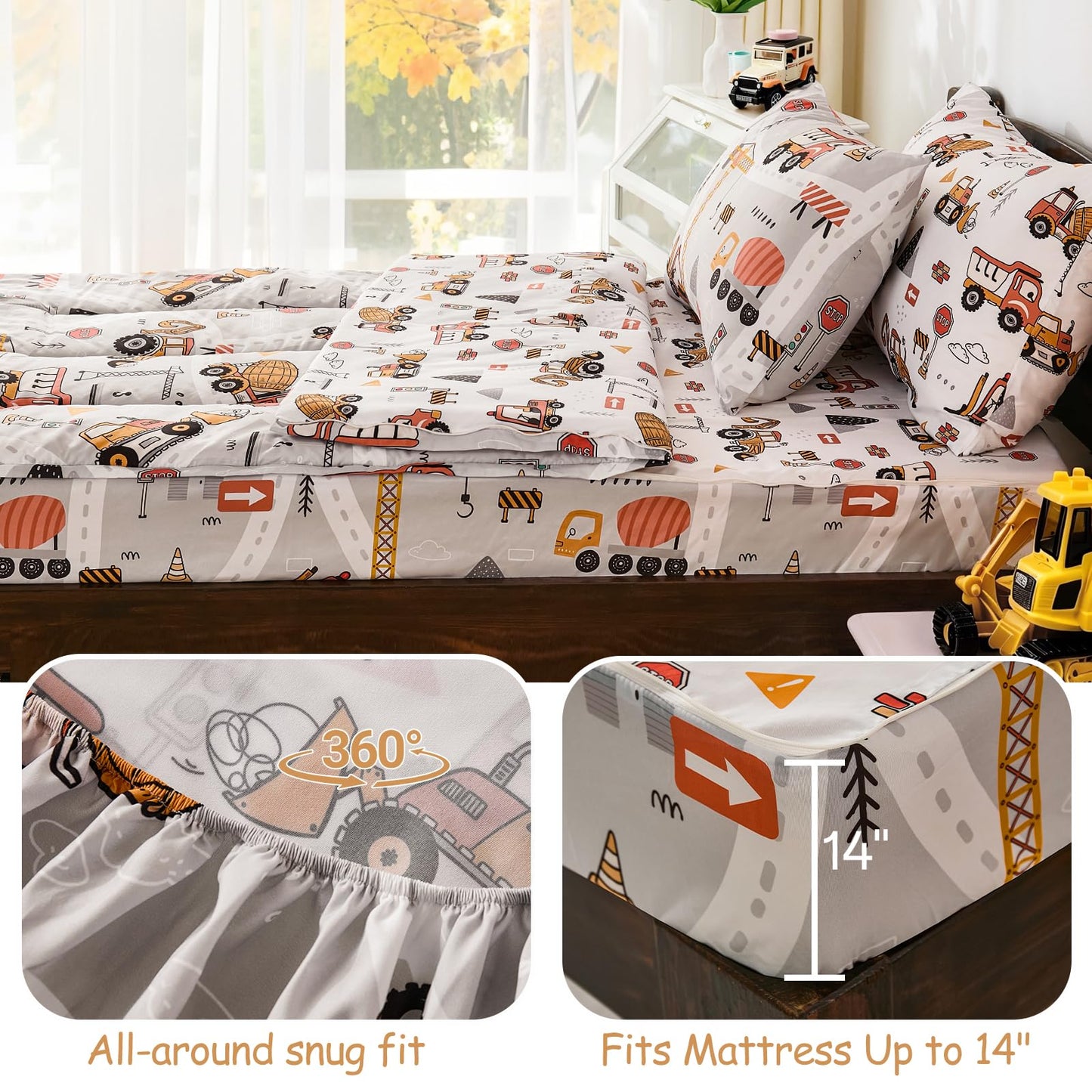DJY Zipper Bedding Set Twin, Cars Bedding Sets for Boys, Kids Construction Comforter Set with Fitted Sheet Pillowcases, All in One Zipper Bed Set for All Seasons