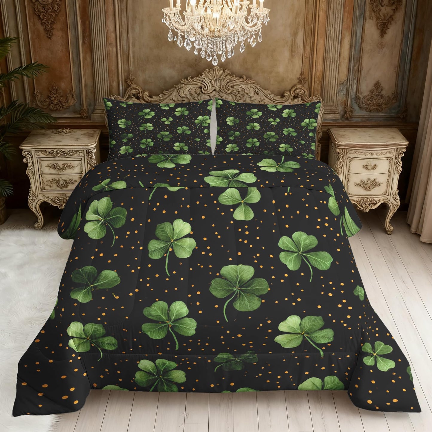 Garden Floral Comforter Set King Size 3Pc, Black Green Leaf Pattern Down Alternative Bed Comforter, 2 Pillow Shams, Soft All Season Bedding, Leaves Bedroom Decor A14