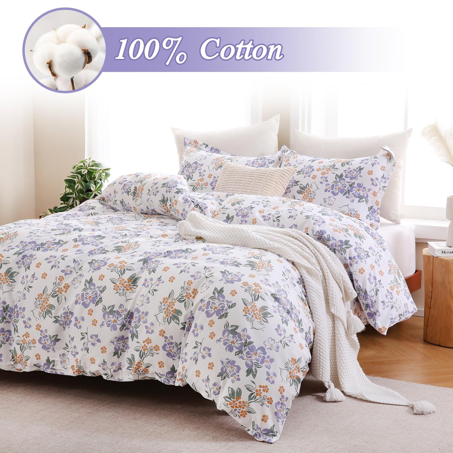 Ocharo Purple Floral 100% Cotton Duvet Cover King Size,Reversible Modern Orange Floral Bedding Set Cotton with Zipper Closure,Soft 3 Pieces Chic Abstract Flowers Comforter Cover with 2 Pillow Shams