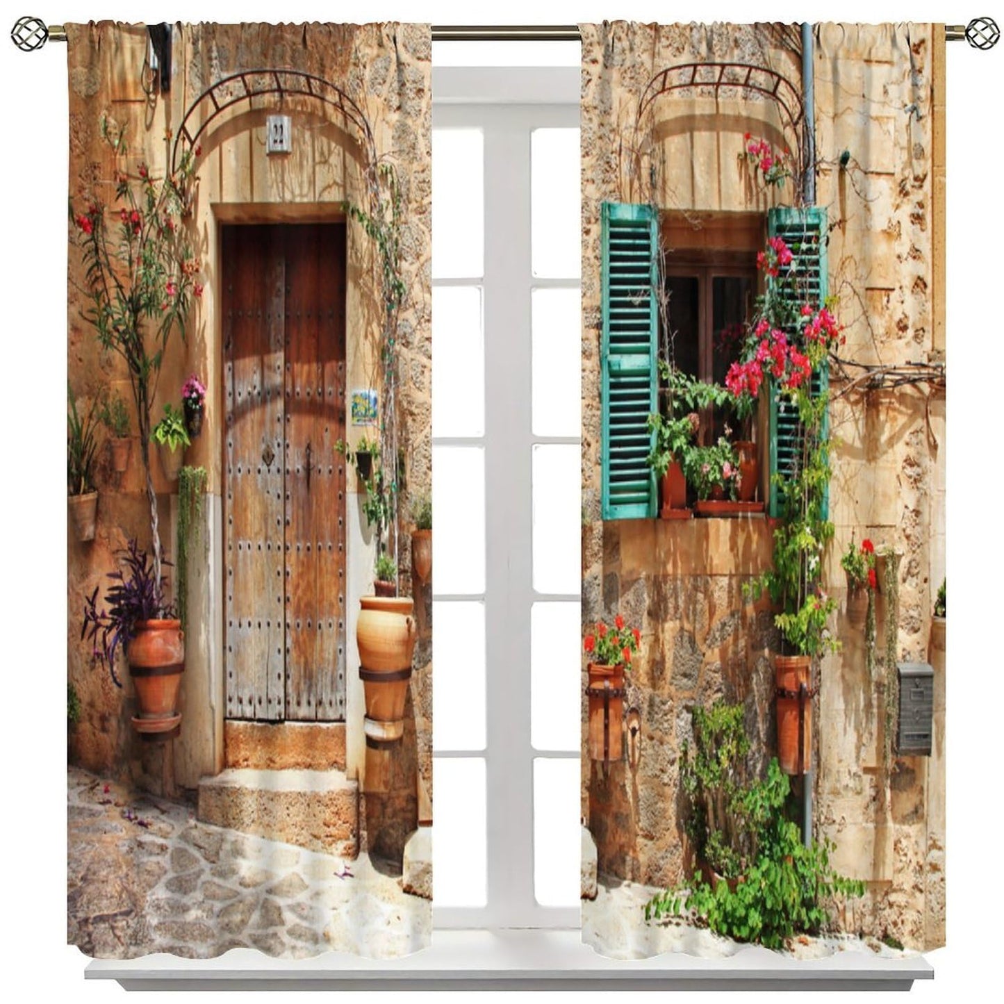 AAVEUP Italian Curtains for Kitchen Old Mediterranean Street Stone Rock House Floral Porches Pastoral Town Scenery Print Windows Treatments for Bedroom Living Room Bathroom 41x44.5in（No Blackout）