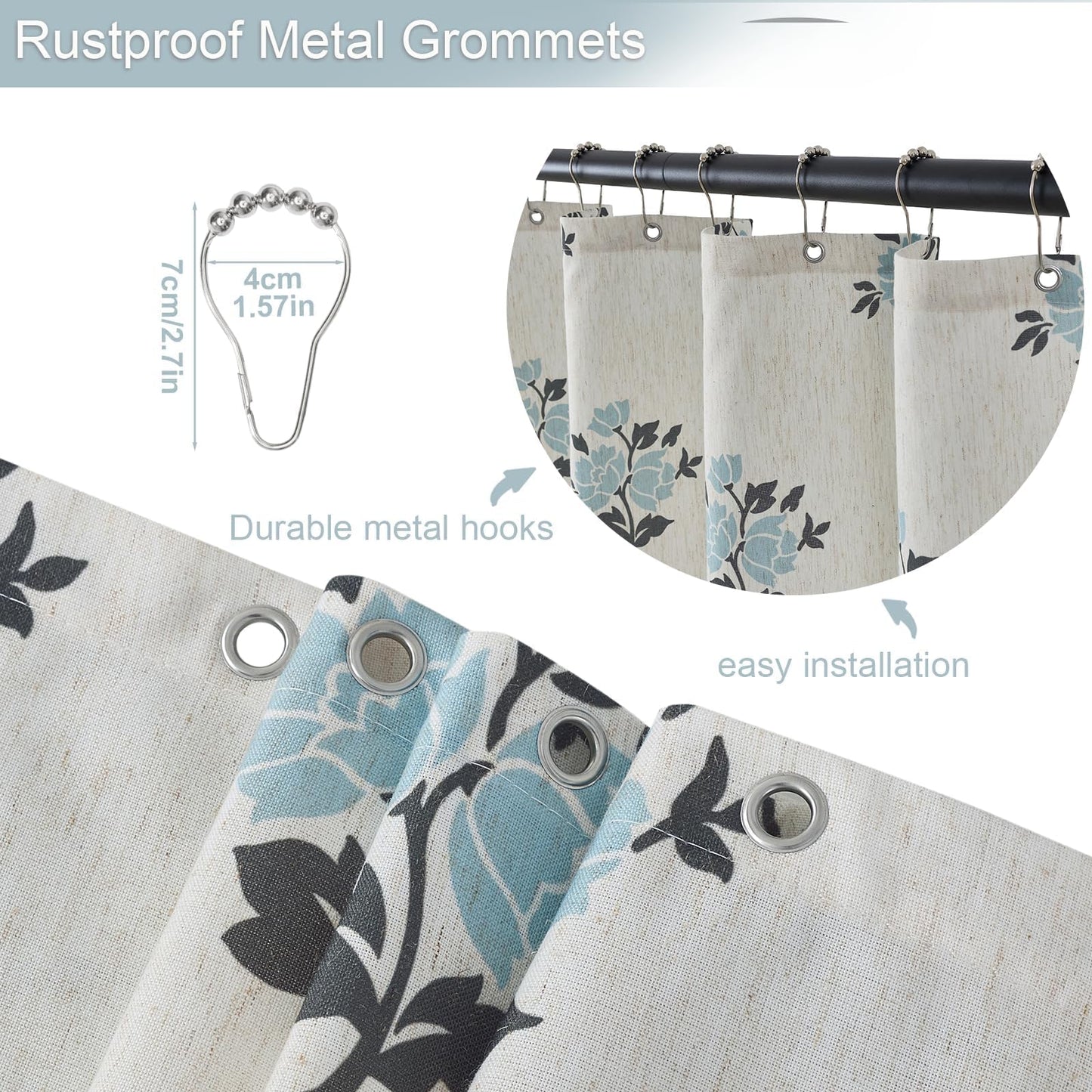 ORTIGIA Linen Blue Shower Curtains for Bathroom Boho Farmhouse Block Print Shower Curtain Set with Metal Hooks Floral Waterproof Aesthetic Rustic Fabric Bath Curtain for Home, Weighted, 72x72