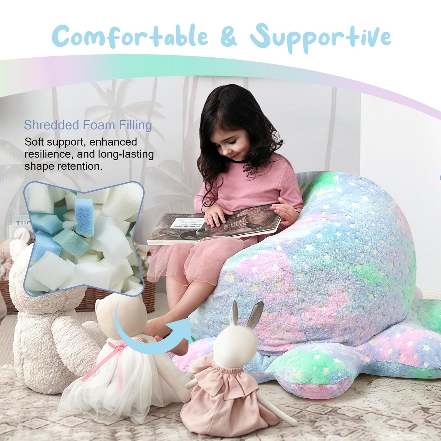 COMAX Bean Bag Chairs for Kids 8-12, Large Kid Beanbag Chair with Filler, Big Toddler Lazy Floor Stuffed Couch Sofa for Girls Boys, Glowing Star