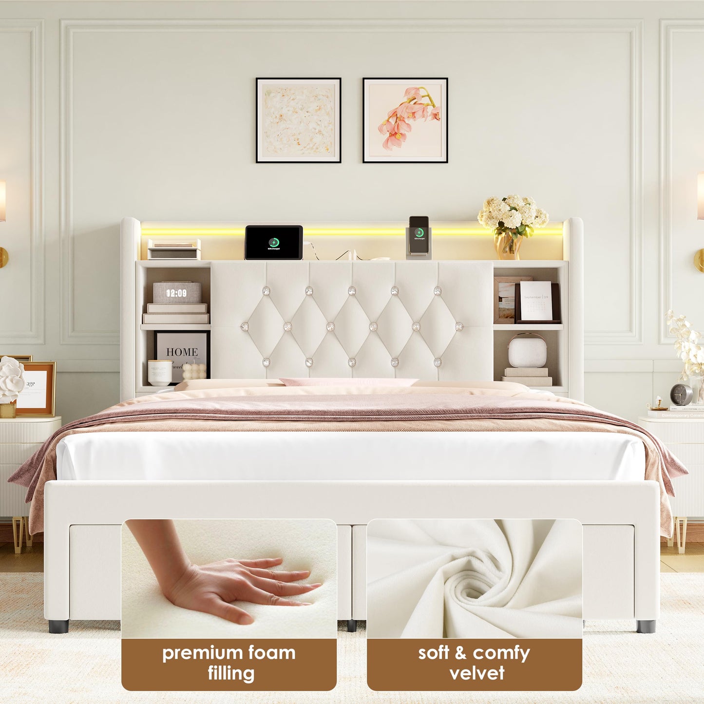 Full Bed Frame with Drawers, Hidden-Cubby & Shelves Storage Headboard with Charging Station and LED Lights, Velvet Upholstered Platform Bed Solid Wooden Slats Support No Box Spring Needed, Beige