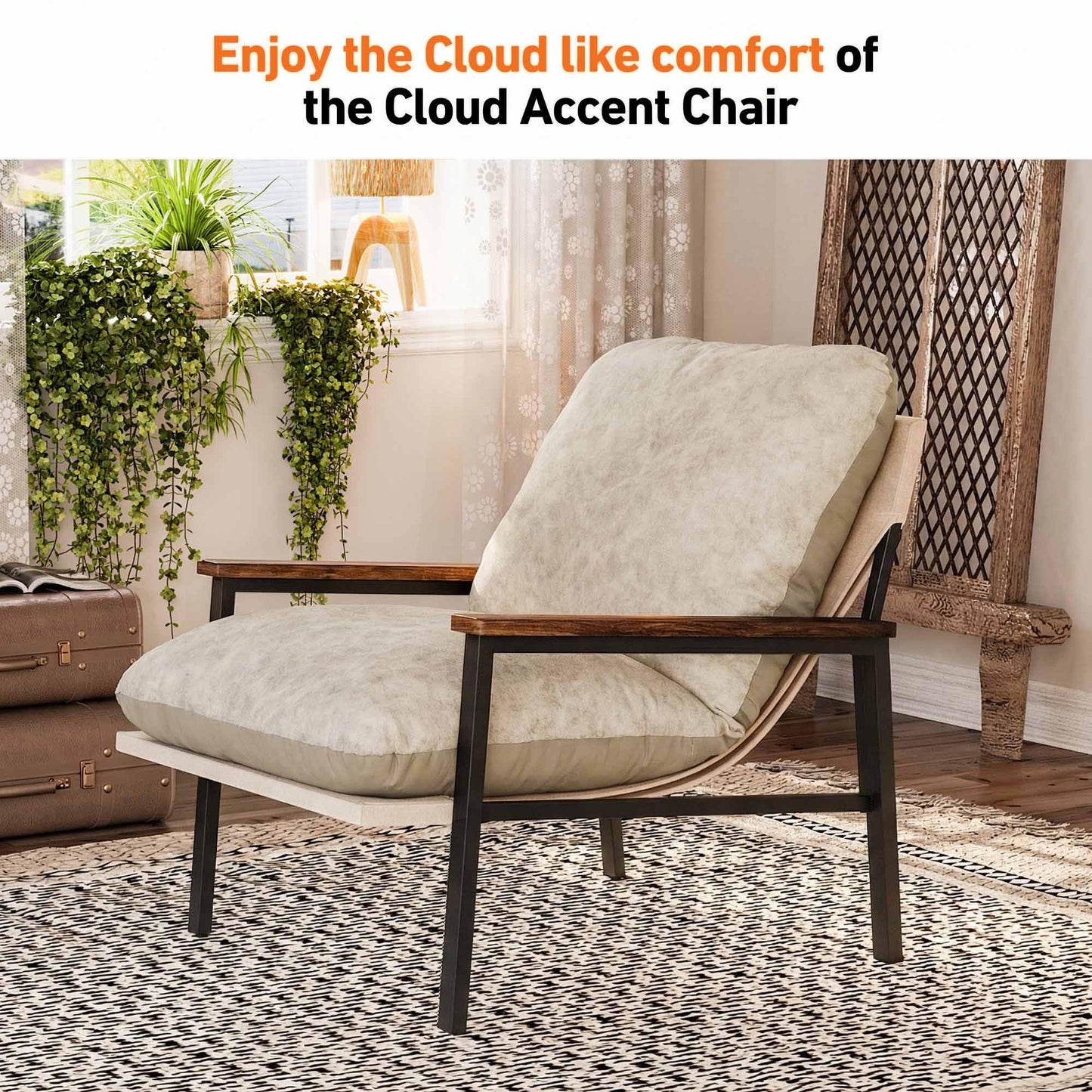 LUNIVO Cloud Accent Chair, Dual-Sided Cushion Accent Chair for Living Room with Acacia Wood Armrests & Sturdy Metal Frame, Ergonomic Lounge Chair for Bedroom, Cloud-Like Softness, Easy Assembly