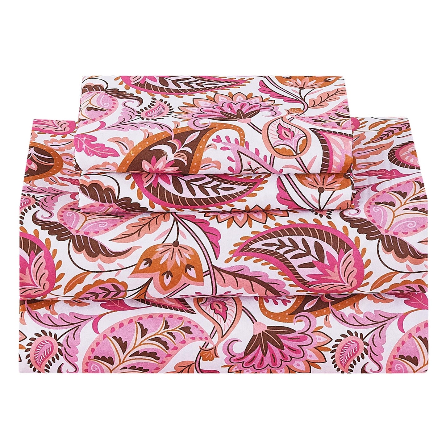 Softan Pink Paisley Floral Full Sheet Set, Cozy Boho Microfiber Printed Fitted Bed Sheet with 15" Deep Pockets & Non-Slip Straps, Girls Patterned Double Sheets & Pillowcase Set