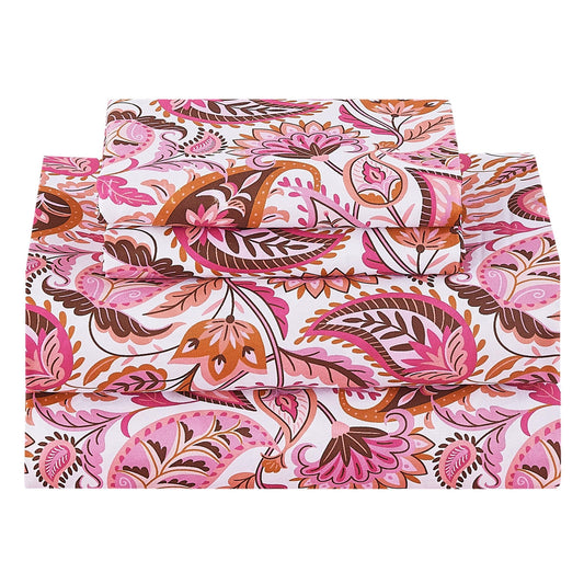 Softan Pink Paisley Floral Twin Sheet Set, 3-Piece Cozy Boho Microfiber Printed Fitted Bed Sheet with 15" Deep Pockets & Non-Slip Straps, Kids Girls Patterned Sheets & Pillowcase Set