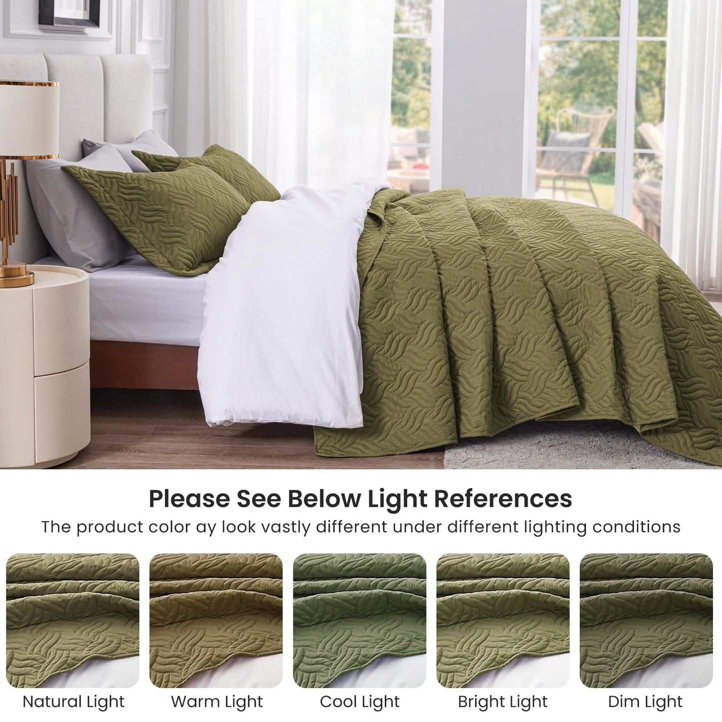 Love's cabin California King Size Quilt Bedding Set Olive Green Bedspread - Cal King Summer Lightweight Bedspread Comforter - Wave Pattern Coverlet for All Season - 3 Pieces (1 Quilt, 2 Pillow Shams)