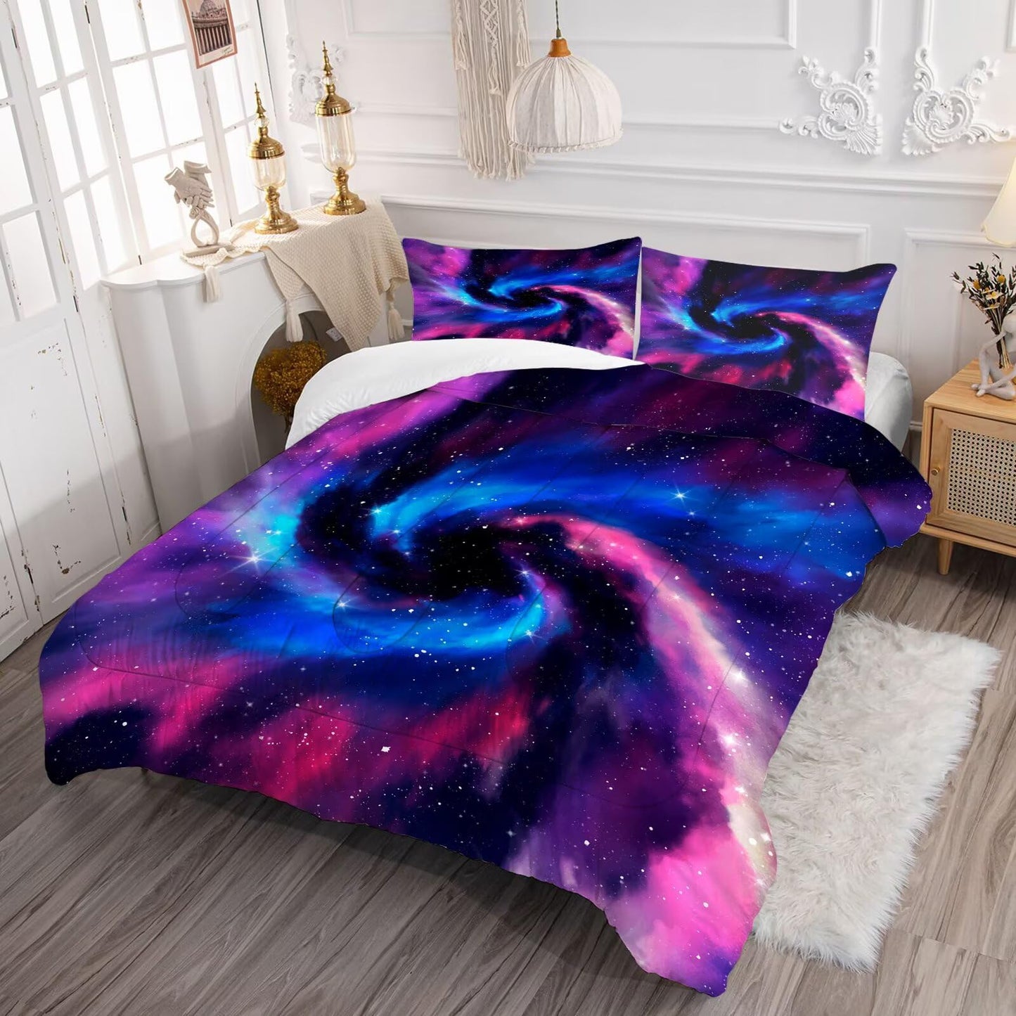 DJNEAR Space Galaxy Comforter Set Full Size 3D Optical Illusion Bedding Sets for Kids Boys Girls Adults Room Universe Star Blue Purple Nebula Vortex Quilt 1 Comforter 2 Pillowcases