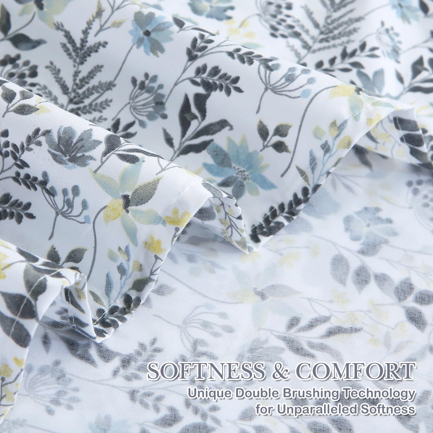 Mooreeke Cozy Vintage Microfiber Printed King Sheet Set - Soft Breathable Percale Cotton Floral Bed Sheets with Deep Pocket - Non-Slip Fitted Design - Yellow Blue Gray Gradient Flowers Pattern