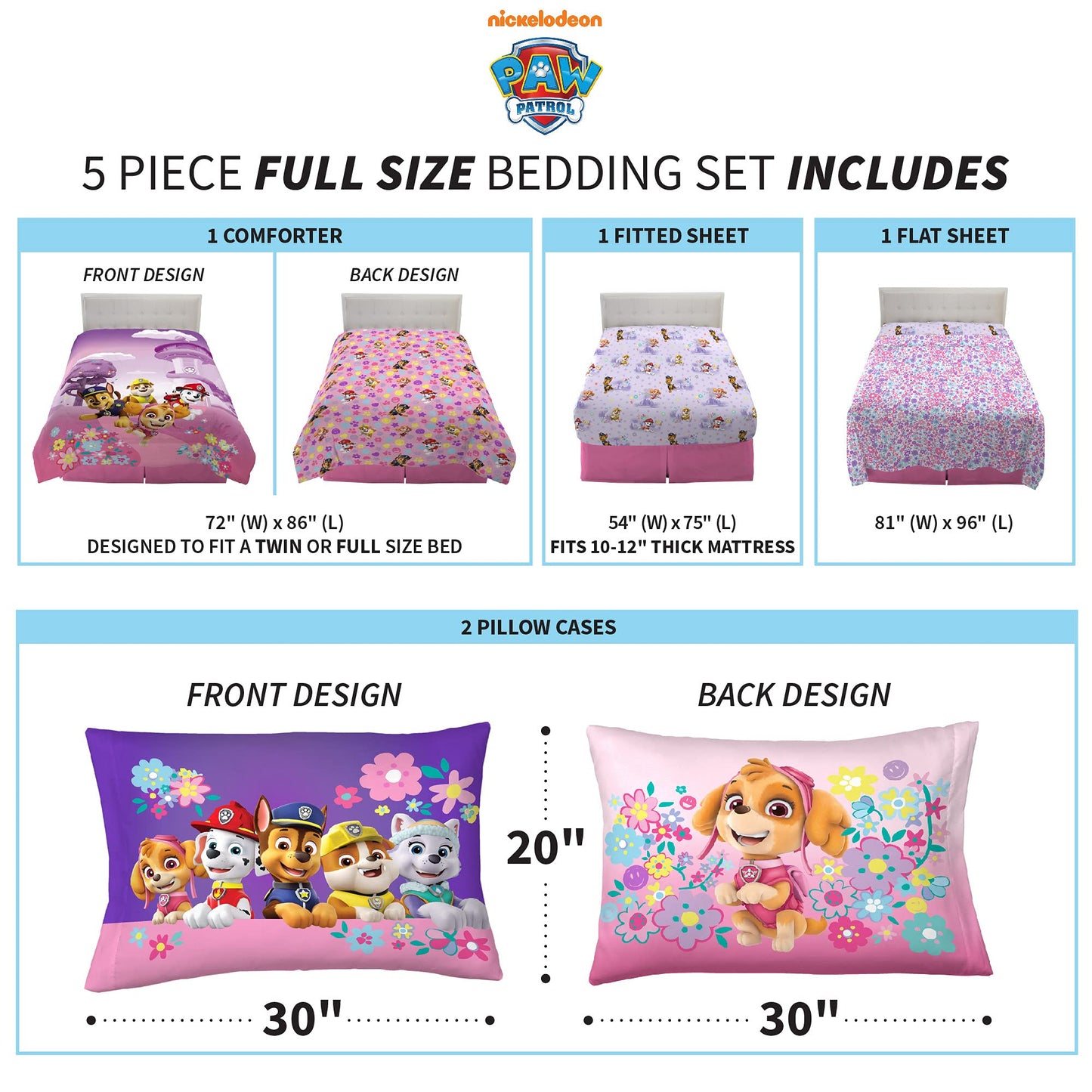 Franco Kids Bedding Super Soft Comforter and Sheet Set, 5 Piece Full Size, Paw Patrol Girls