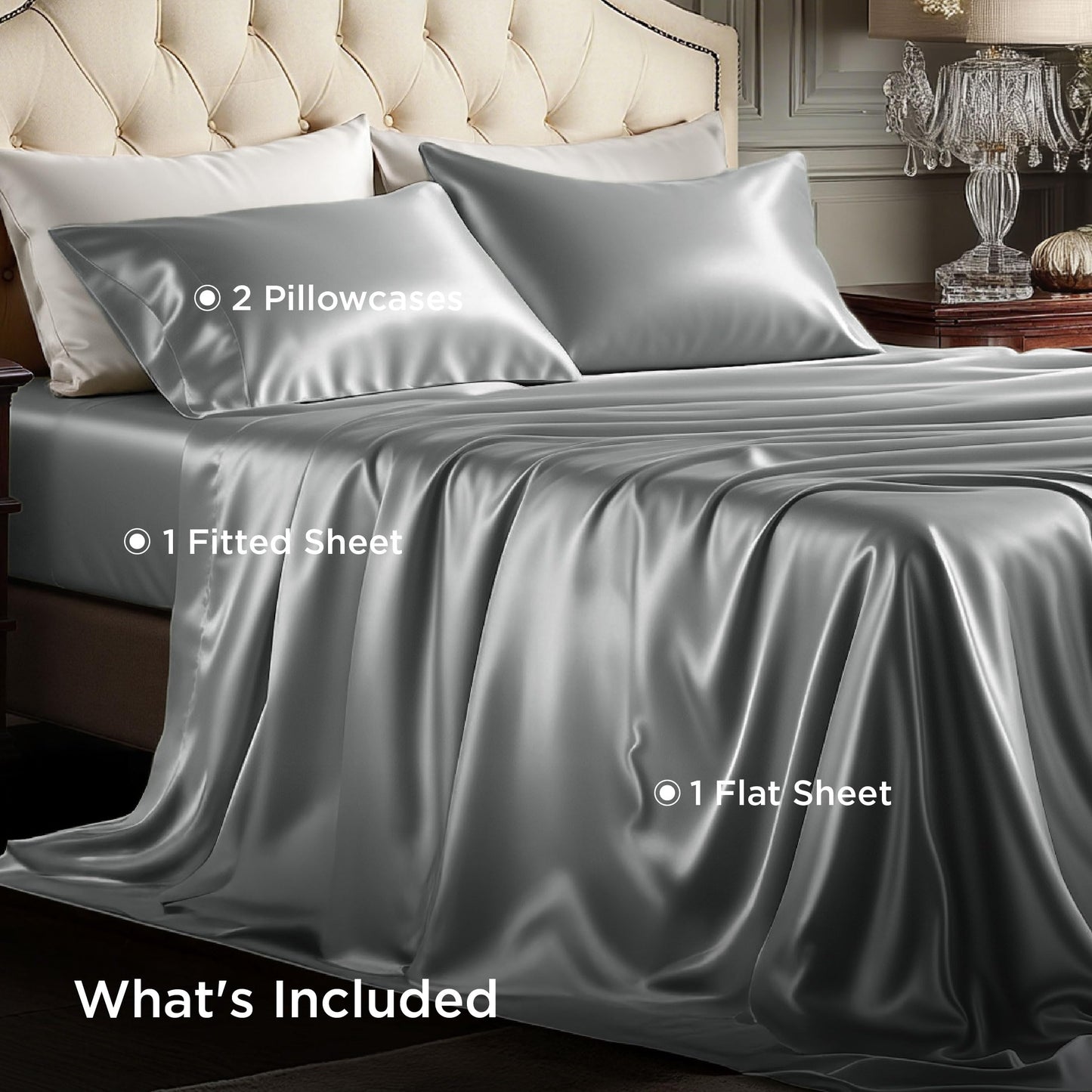 Bedsure Satin Sheets Full Size - 4 Piece Silky Bedsheets with Elastic Corner Straps and 15 Inches Deep Pocket Fitted Bedsheet,1 Flat Sheet, 2 Satin Pillowcases, Good for Hair & Skin (Full, Dark Grey)
