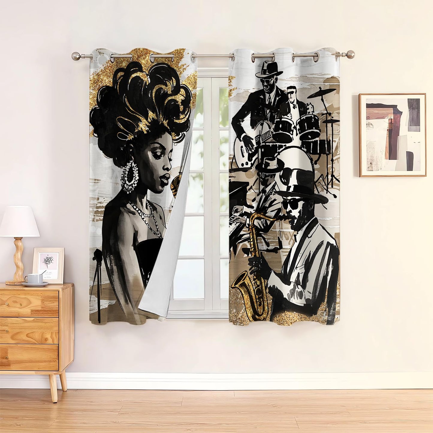 HIYSMT American Woman Jazz Music Curtains African Black Girl Singing Jazzist Band Blackout Curtain Afrocentric Black Gold Modern Art Treatments for Music Room Bedroom 4263inch 2Panel HI033DX
