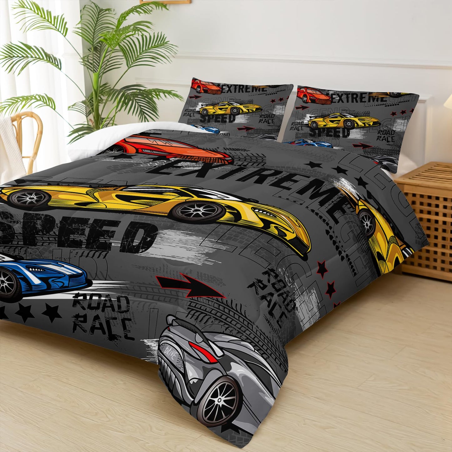 lneffble Race Car Full Comforter Set for Boys，Race Car Full Bedding Sets for Boys，Hot Wheels Cars Full Bedding Set，Theme Room Decor