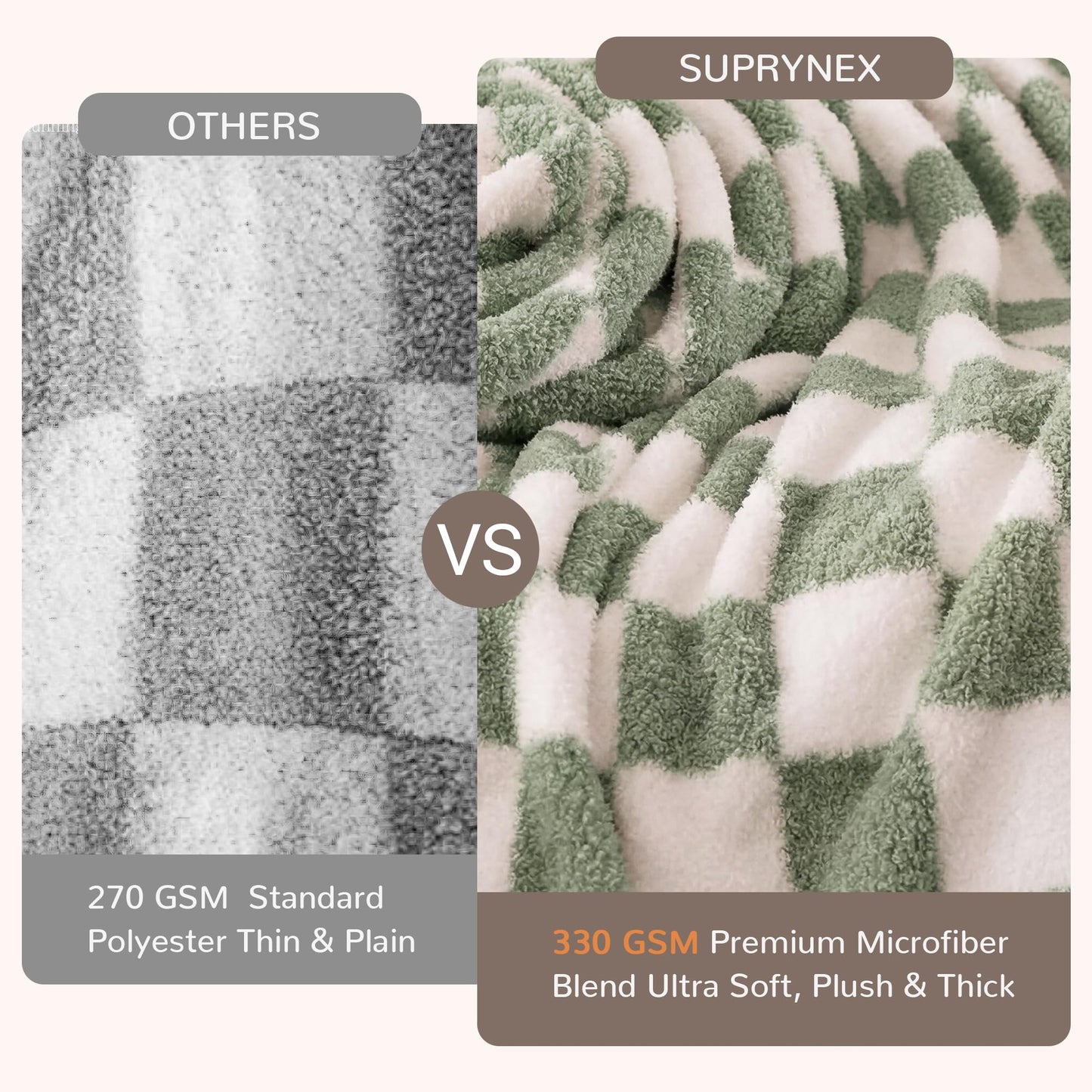 SUPRYNEX Sage Green Checkered Throw Blanket, Soft Plush Microfiber Fleece Blanket for Couch Sofa Travel, Cozy Decorative Home Blanket, All Season, 50x70 Inches