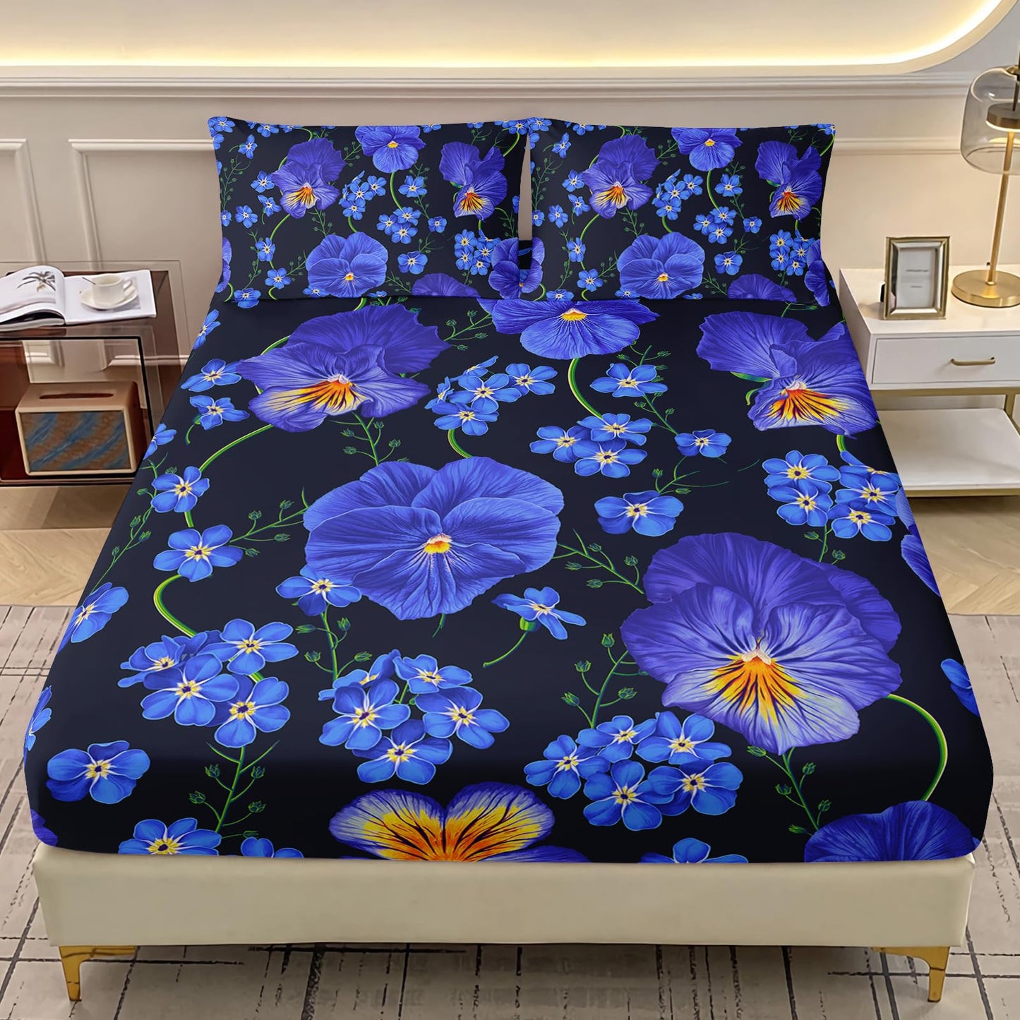 AILONEN Beautiful Flower Fitted Sheet Set Queen Size, Pansy Violet Bedding Set for Kids Teens Girls Women,Floral Plant Bed Sheet Set,1 Fitted Sheet + 2 Pillowcases,3Pcs