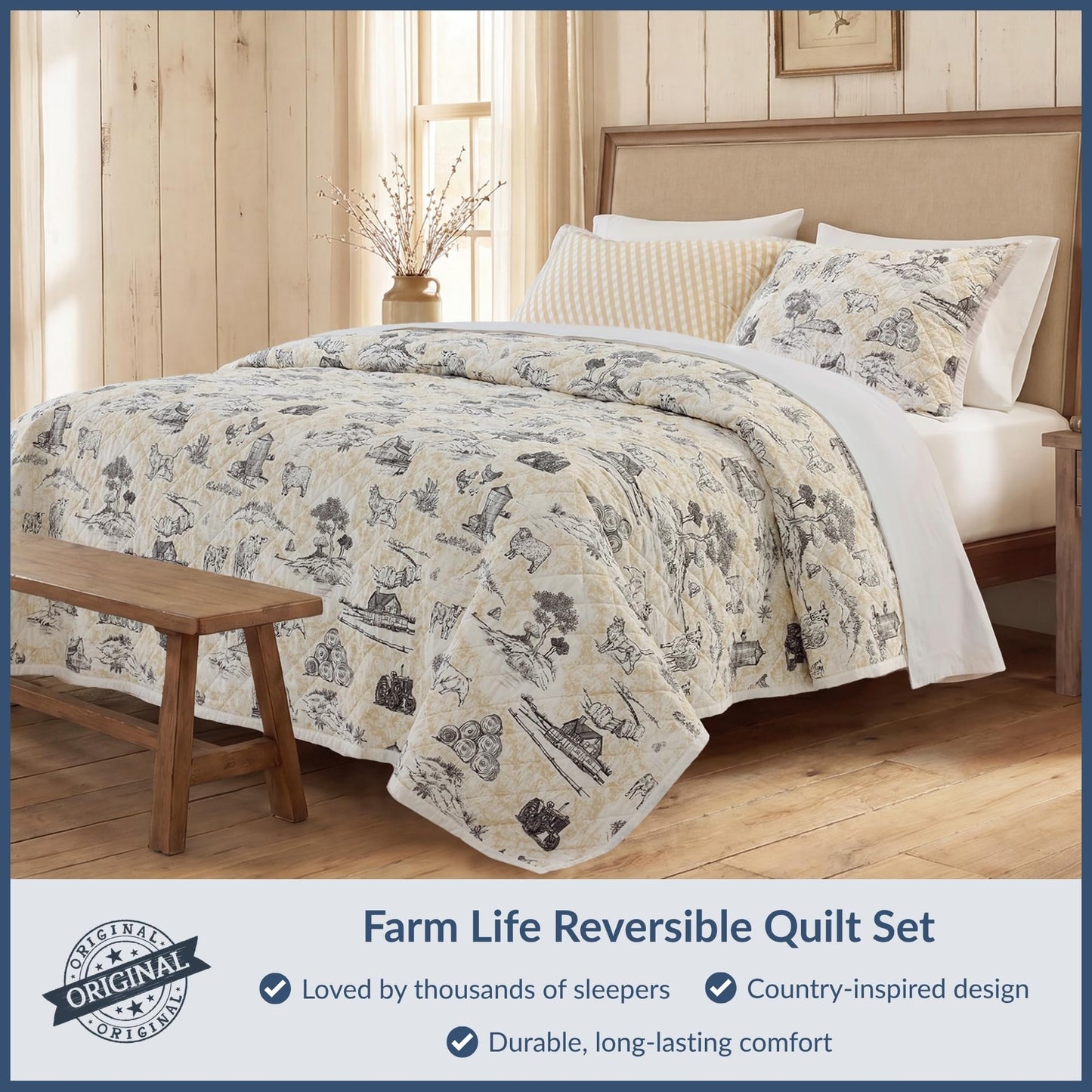 Paseo Road Indigo Hill by HiEnd Accents Farm Life 3 Piece King Size Quilt Set, Animal Farm Barn Toile Print Rustic Bedding, Cream Tan Lightweight Quilt for Farmhouse Bedding and Cabin Bedrooms