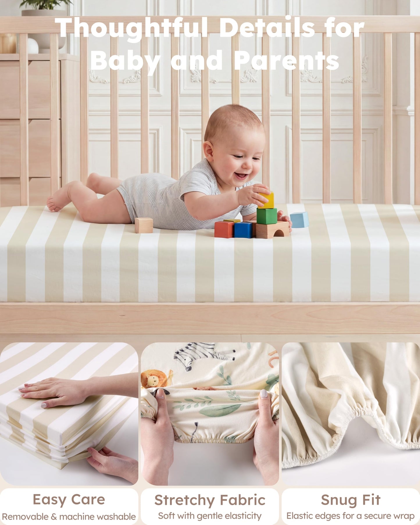 Nyessmee Baby Crib Sheets for Boys and Girls, Fitted Crib Sheets 52" x 28", Soft Breathable Microfiber Sheets for Standard Crib and Toddler Mattress, 2-Pack Striped Animals