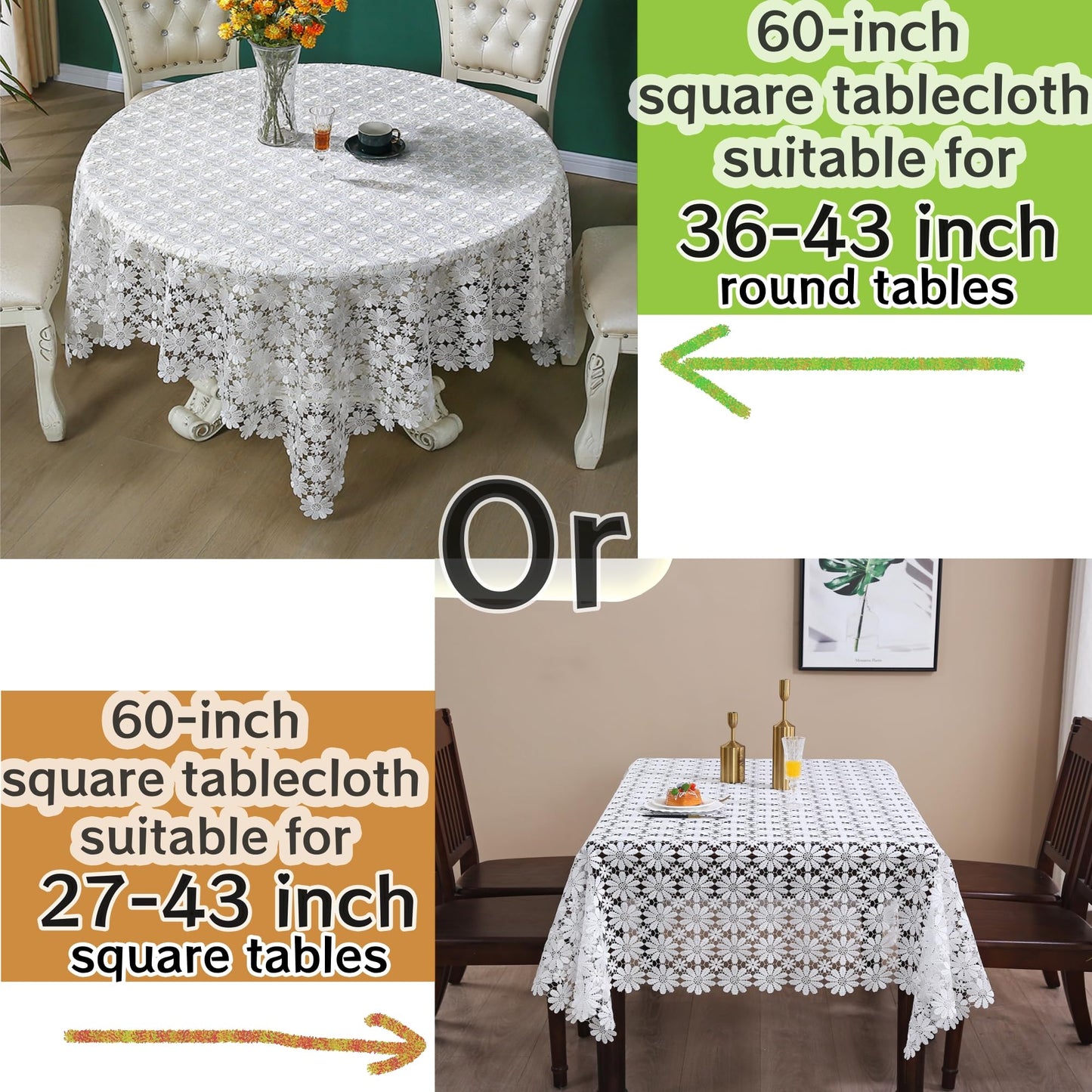 Crochet Tablecloth Farmhouse Lace Table Cloth Rustic Jacquard White Fabric Sheet Picnic TableCover Small for Round/Circular or Square Table Outdoor Holiday Wedding Birthday Party Fall/Winter/Christmas