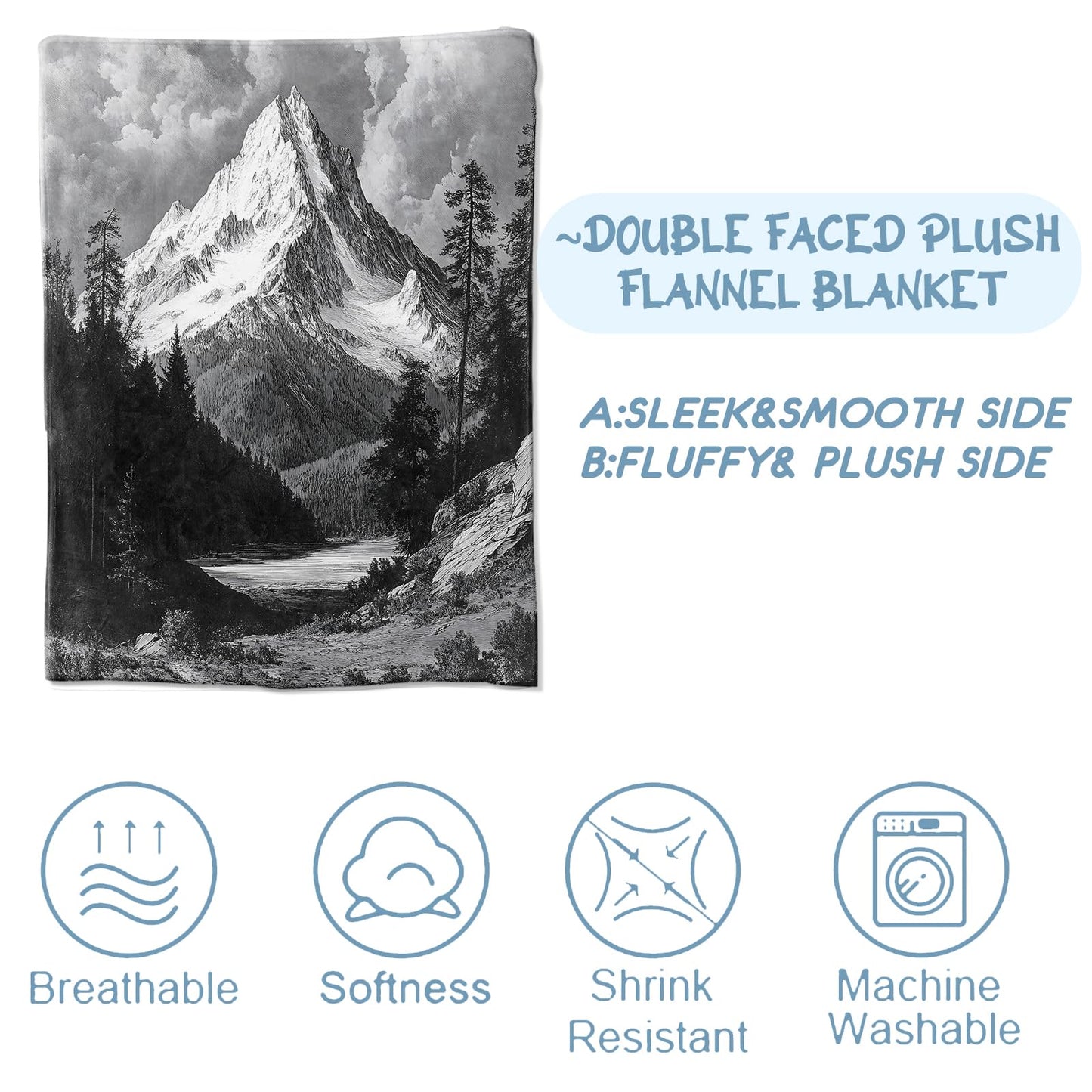 Mountain Blankets for Adult Kids, Flannel Mountain Throw Blanket, Birthday Gifts, Mountain Decor for Sofa Couch Bed Living Room Soft Warm Lightweight Cozy 60" x 50"