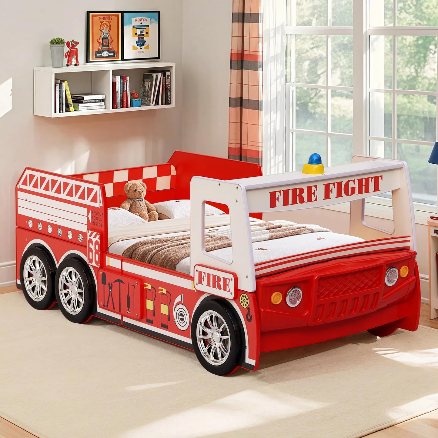 LKTART Twin Size Car Bed for Kids, Fire Truck-Shaped Wooden Platform Bed Frame with LED Lights, Headboard Wheels and Support Slats for Boys Toddlers Child's Bedroom (Red)